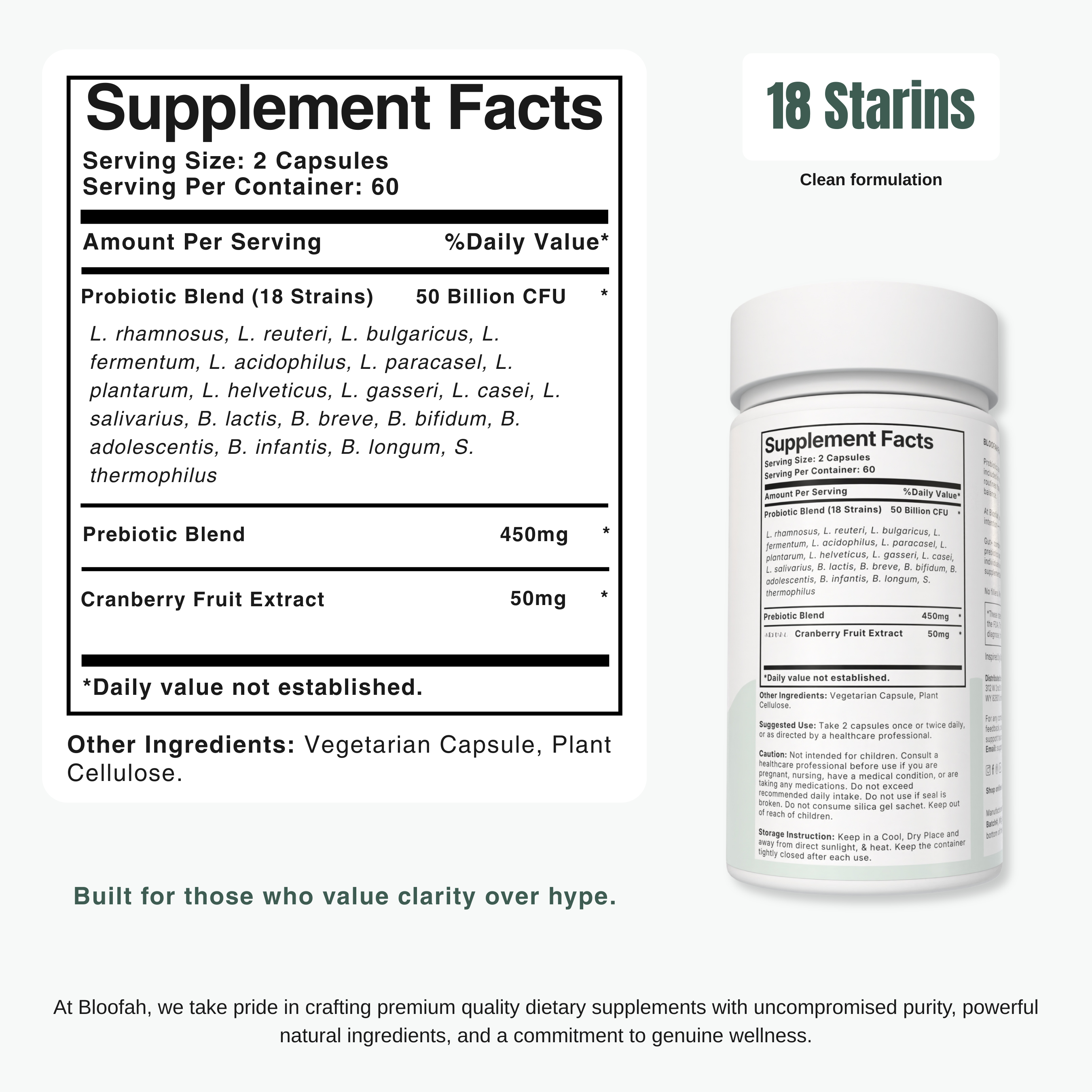 Bloofah Gut+ Women’s Probiotic 50 Billion CFU | 18 Strain Formula with Prebiotic & Cranberry | Daily Digestive & Balance Support (120 Capsules)