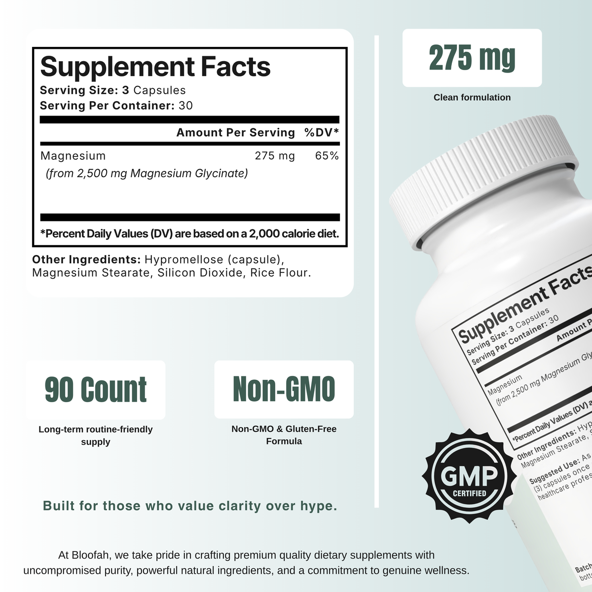 Bloofah MN Magnesium Glycinate 275mg | Relaxation, Muscle & Nerve Support | 90 Capsules