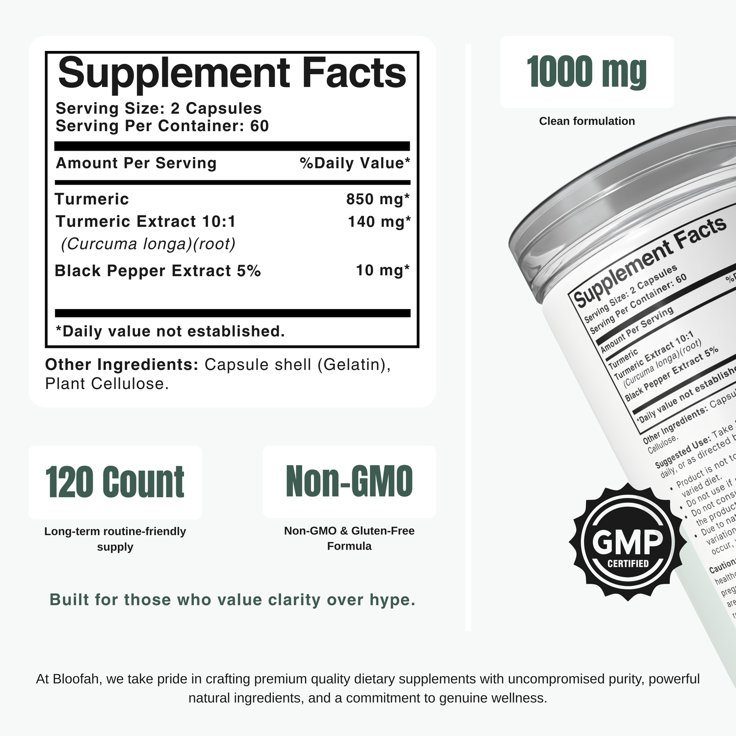Bloofah TC Turmeric Capsules 1000mg | Curcuma longa Root with Black Pepper | 120 Capsules
