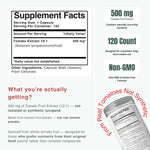 A supplement facts infographic for a tomato fruit extract capsule. The image features a mockup of the supplement label, text detailing '500 mg Tomato Fruit Extract', '120 Count', and 'Non-GMO', along with a circular graphic reading 'From Real Tomatoes Not Synthetic' surrounding a partial view of the bottle.