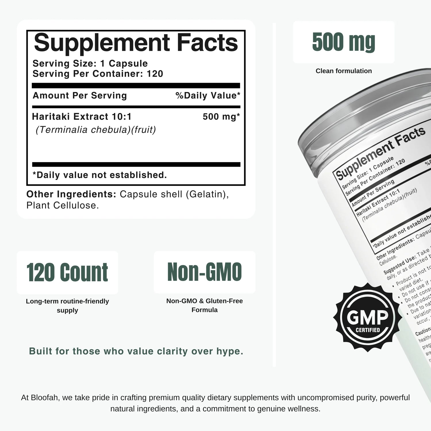 Bloofah HT Haritaki Capsules 500mg | Terminalia chebula Fruit Extract | 120 Capsules
