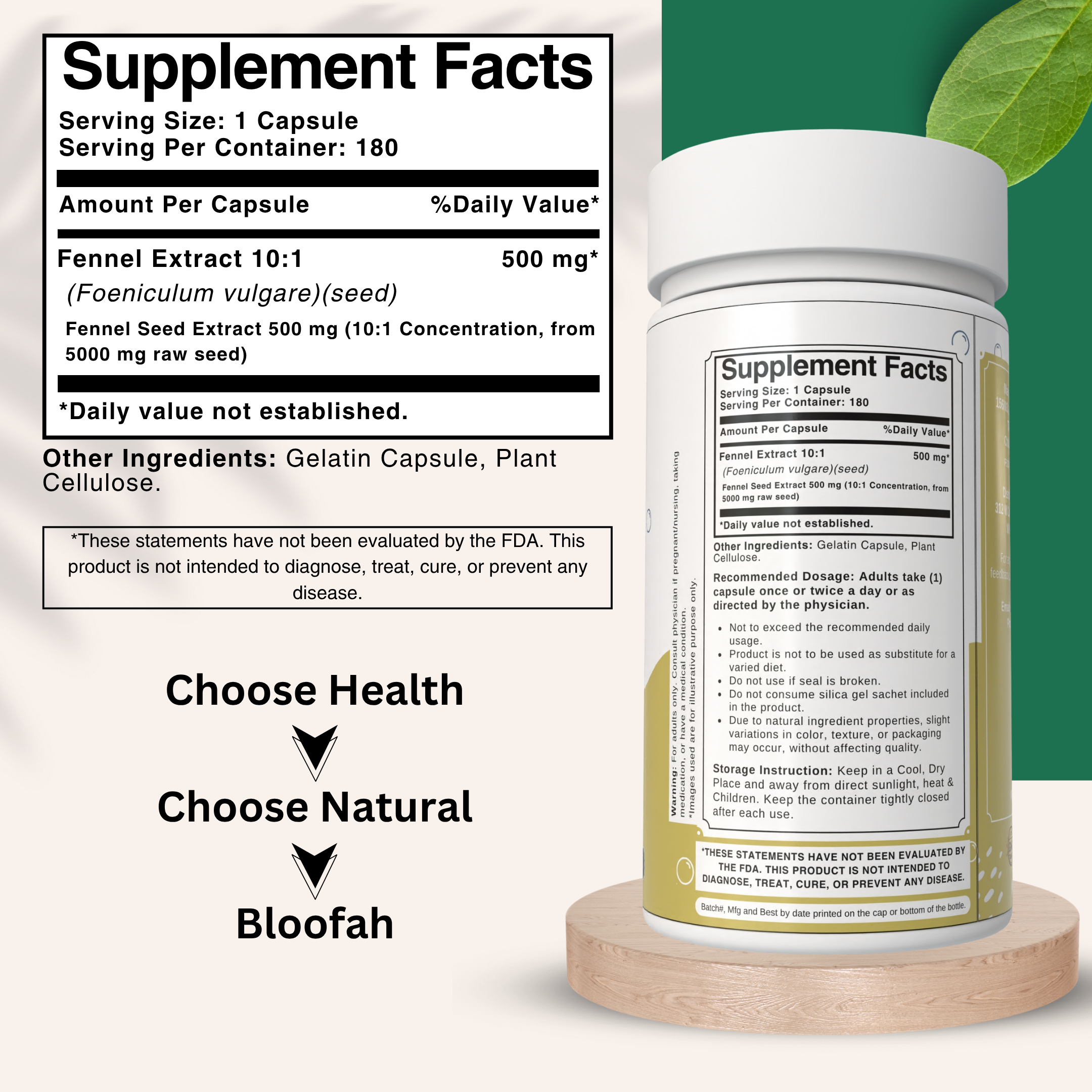 Bloofah Fennel Seed Capsules 500mg | 100% Pure Fennel Seed Extract 10:1 (Foeniculum vulgare) Powder | Non-GMO, Gluten Free Formula for Overall Health Supplement