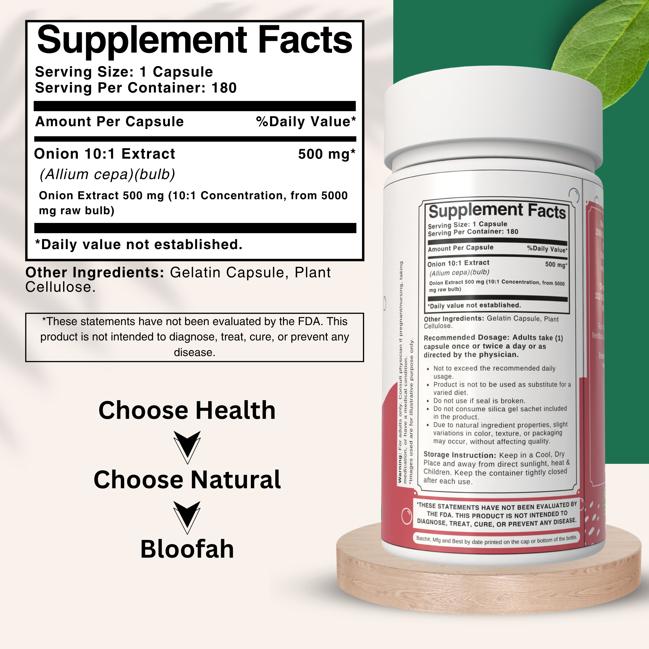 Bloofah Onion Extract Capsules 500mg | Whole Bulb Onion Eq. to 5000mg (Allium cepa) Capsules Potent Extra Strength 10:1 | Natural Health Supplement | Non-GMO, Gluten Free Formula