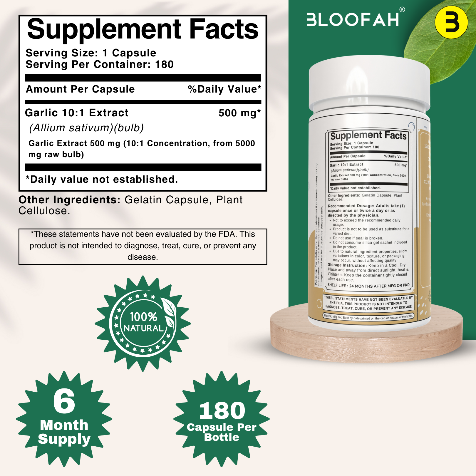 Bloofah Garlic Extract Capsules 500mg | 100% Pure Garlic (Allium sativum) Powder | Herbal Supplement for Health and Wellness | Natural, Gluten Free, Non-GMO Formula 5000mg Per Serving