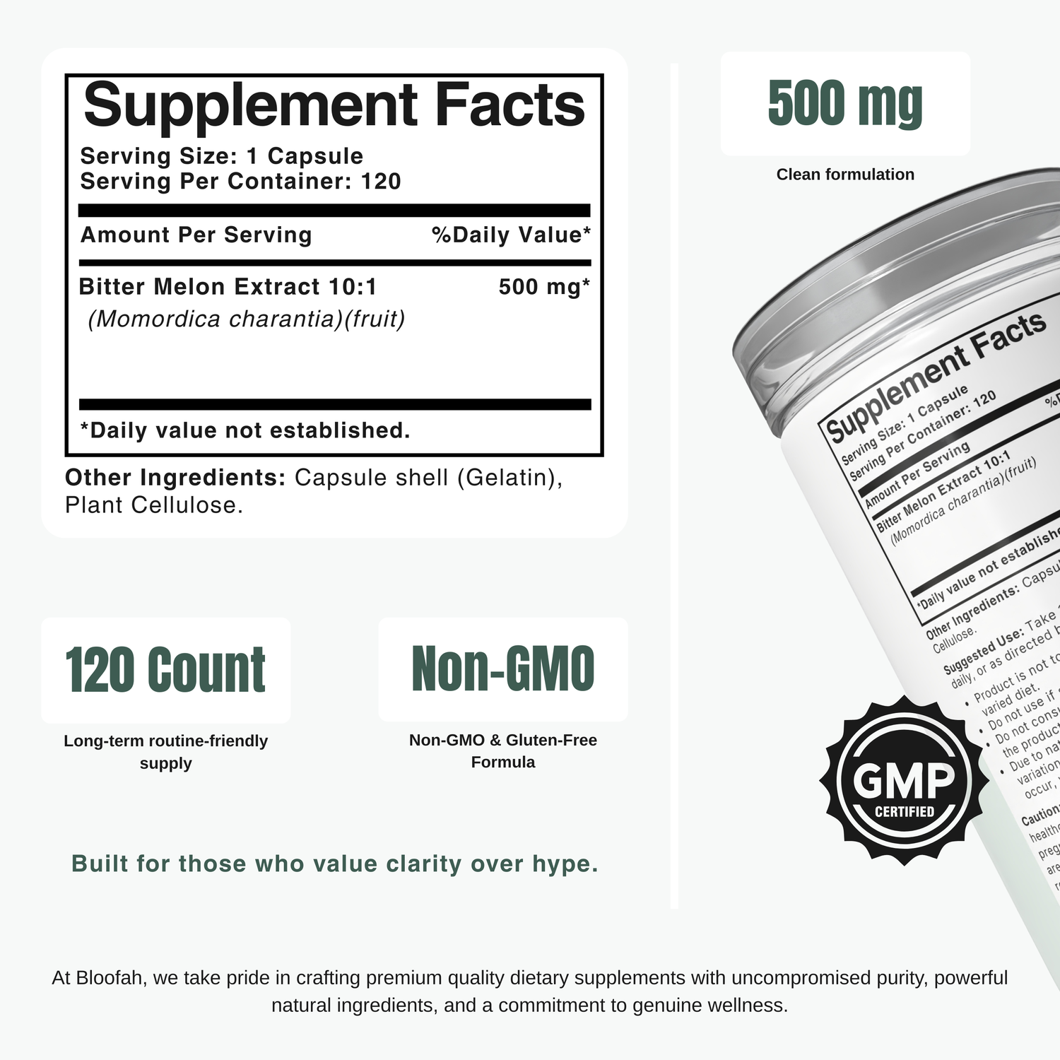 Bloofah BM Bitter Melon Capsules 500mg | Momordica charantia Extract | 120 Capsules