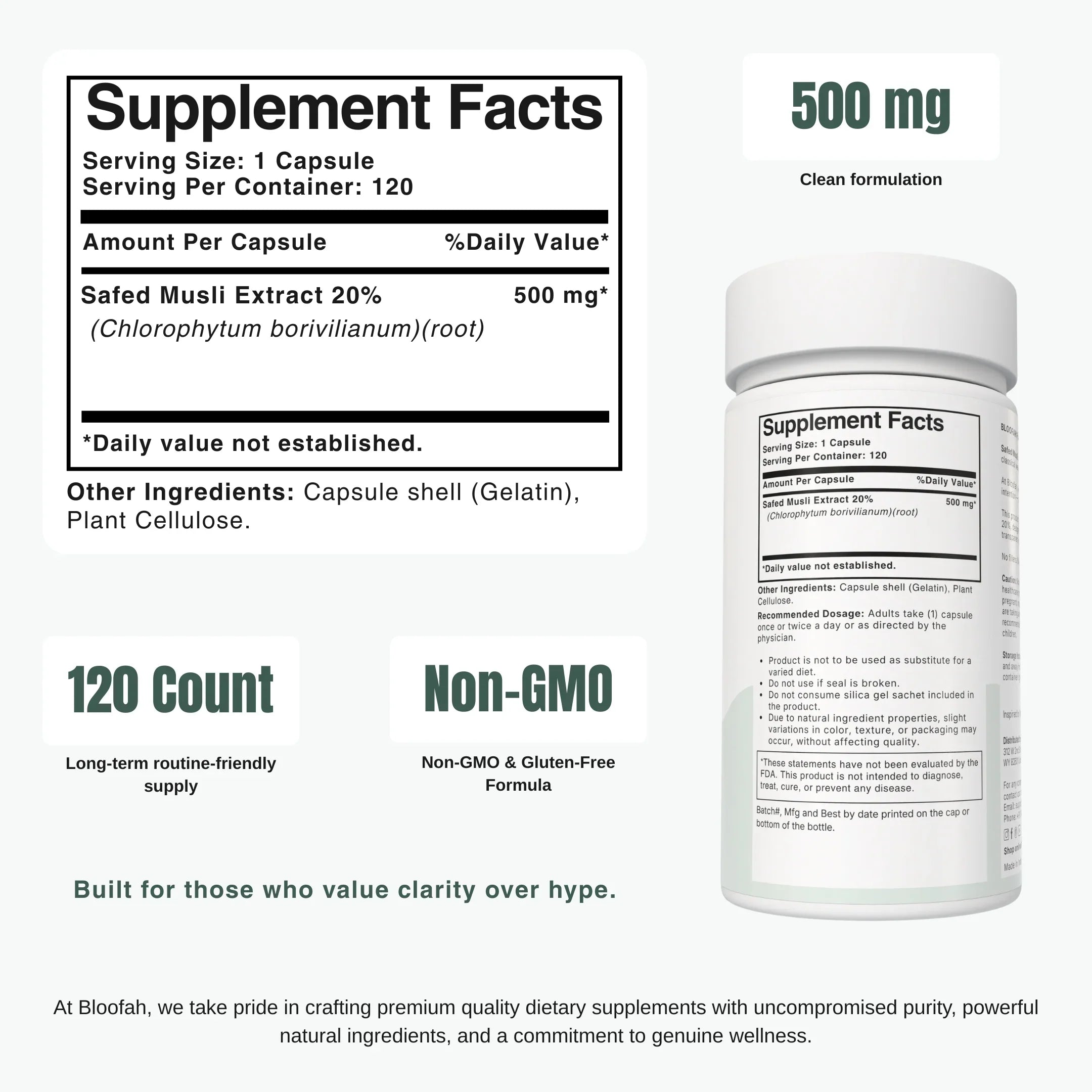 Bloofah SM – Safed Musli Capsules 500mg | Strength & Vitality Support (120 Capsules)