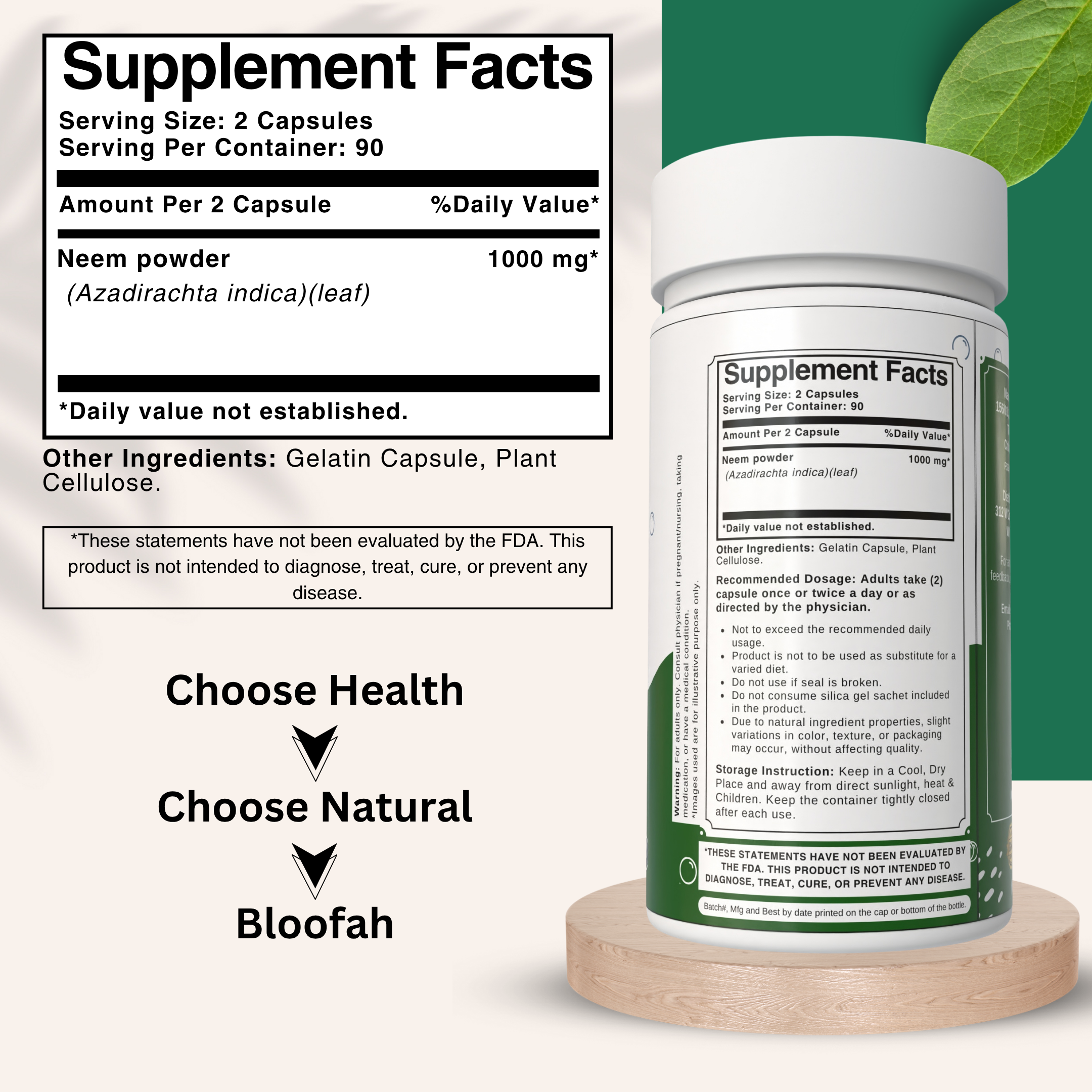 Bloofah Neem Leaf Powder Capsules 1000mg (Azadirachta Indica) Herbal Supplement for Natural Wellness, Non-GMO, Gluten-Free, 100% Pure Neem Leaf Powder For Overall Health
