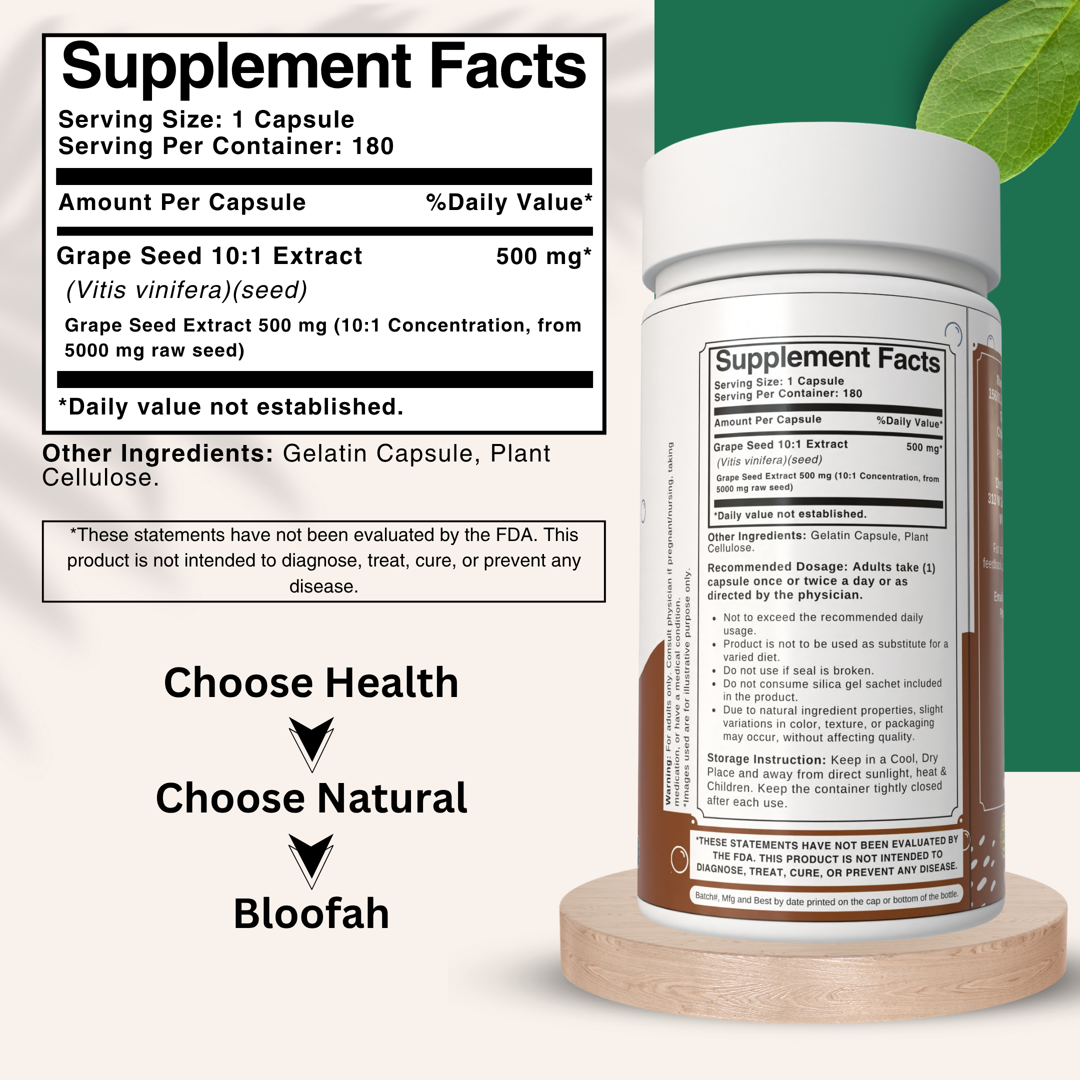 Bloofah Grape Seed Capsules 500mg | Extra Strength 10:1 Extract Powder Eq. to 5000mg (Vitis vinifera) Natural Herbal Supplement, Non-GMO, Gluten-Free
