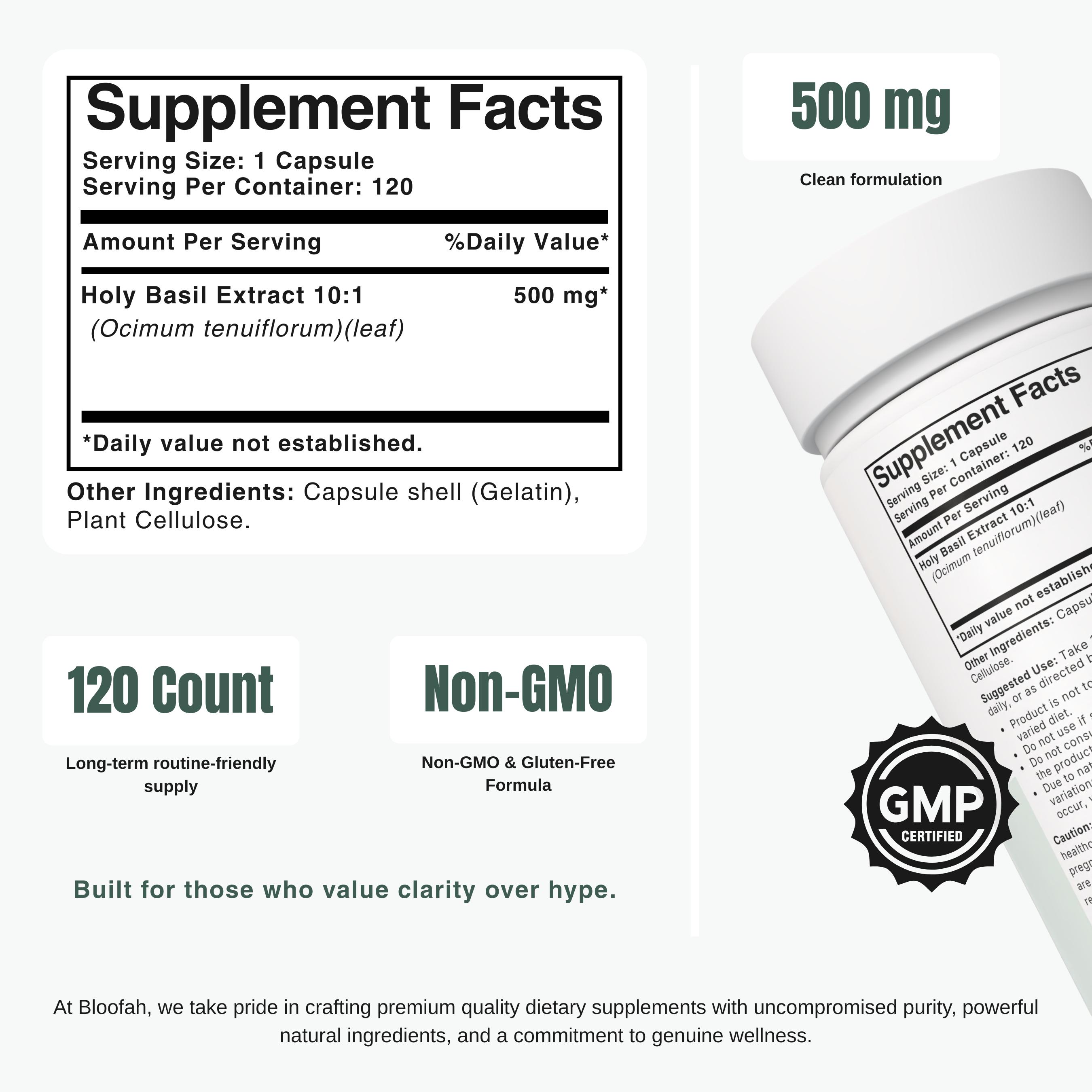 Bloofah HB – Holy Basil Capsules 500mg | Stress & Immunity Support (120 Capsules)
