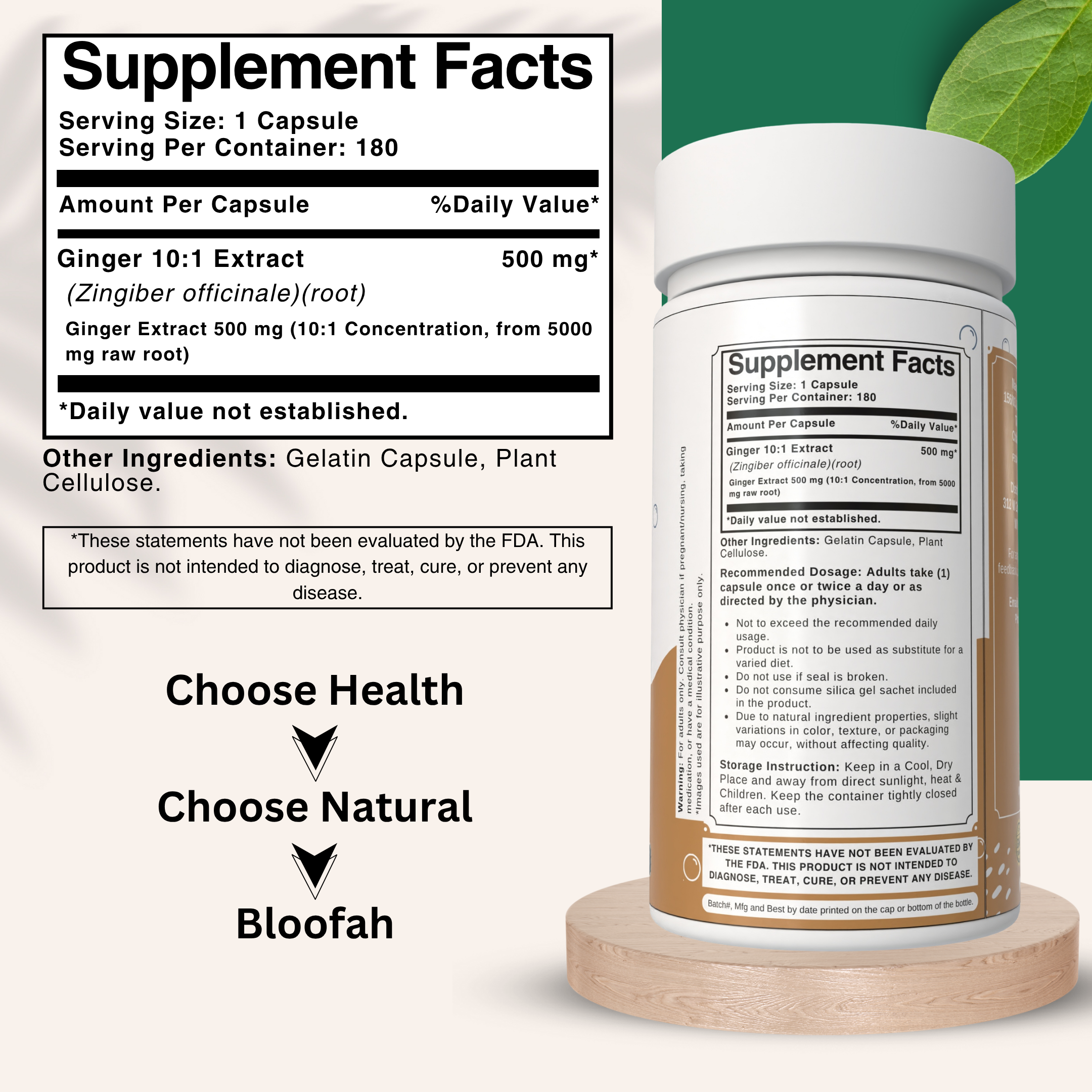 Bloofah Ginger Root Capsules 500mg | Non-GMO, Gluten Free Formula | 100% Pure Ginger (Zingiber officinale) Root Extract 10:1 Powder Herbal Supplement for Overall Health