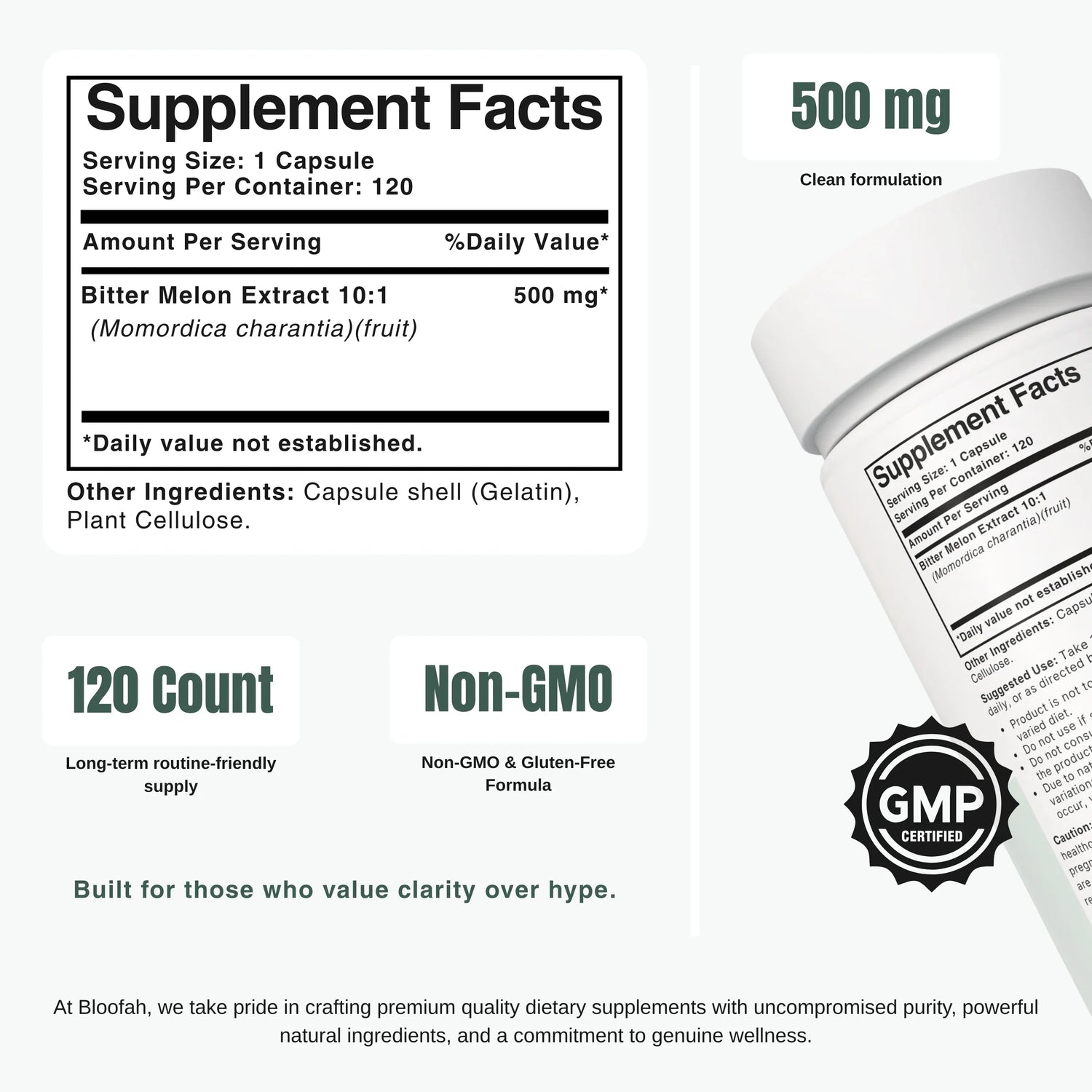 Bloofah BM Bitter Melon Capsules 500mg | Momordica charantia Extract | 120 Capsules