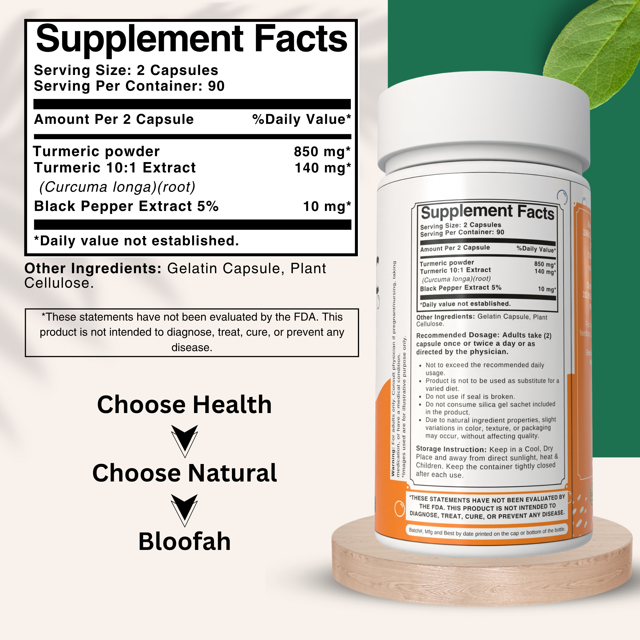 Bloofah Turmeric Curcumin Capsules 1000mg | Turmeric Powder (Cucurma Longa) Extract 10:1, Black Pepper 5% | 100% Pure, Natural, Gluten Free Formula Herbal Supplements for Overall Wellness - Non-GMO