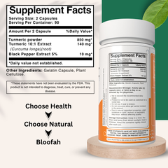 Bloofah Turmeric Curcumin Capsules 1000mg | Turmeric Powder (Cucurma Longa) Extract 10:1, Black Pepper 5% | 100% Pure, Natural, Gluten Free Formula Herbal Supplements for Overall Wellness - Non-GMO