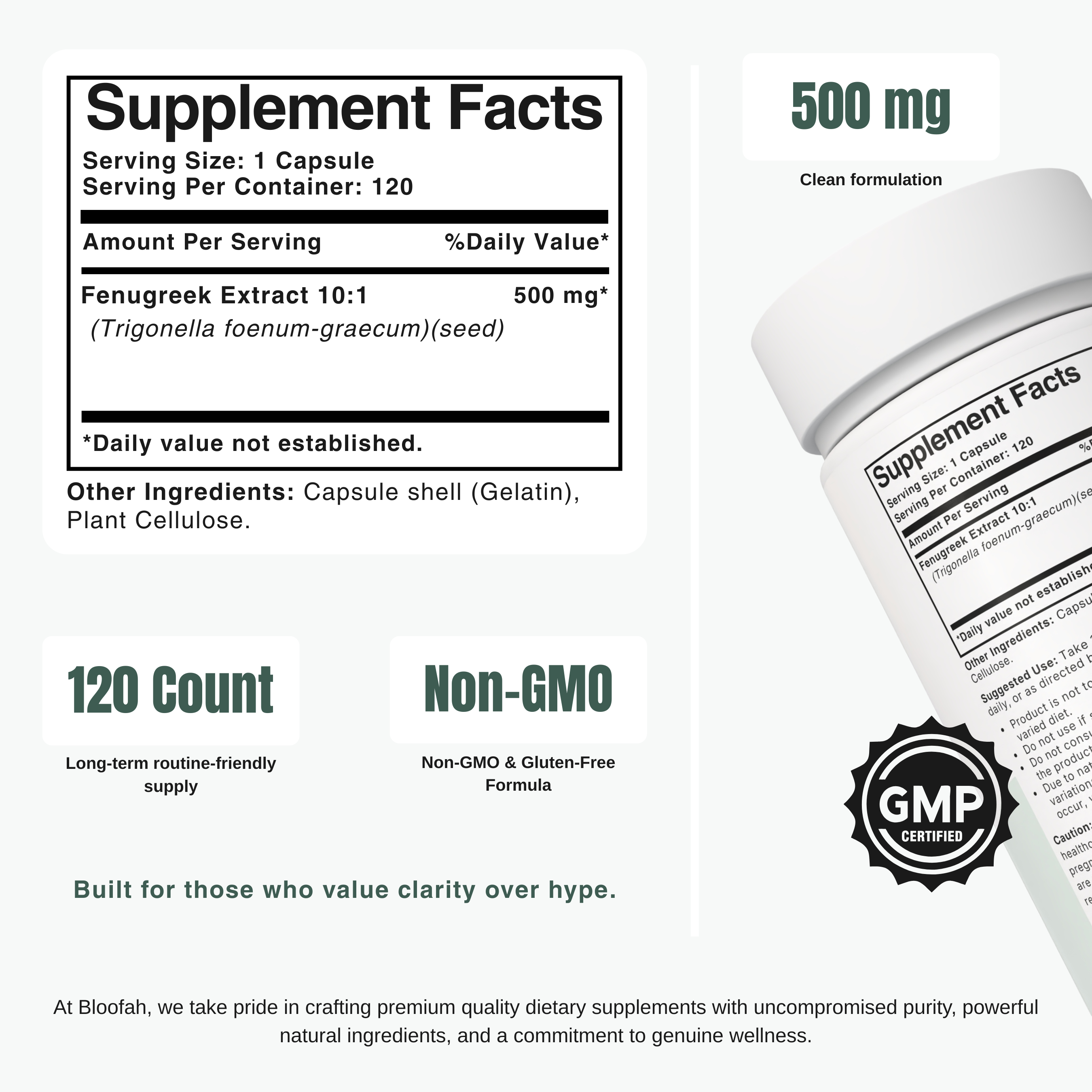 Bloofah FS Fenugreek Capsules 500mg | Trigonella foenum-graecum Seed Extract | 120 Capsules