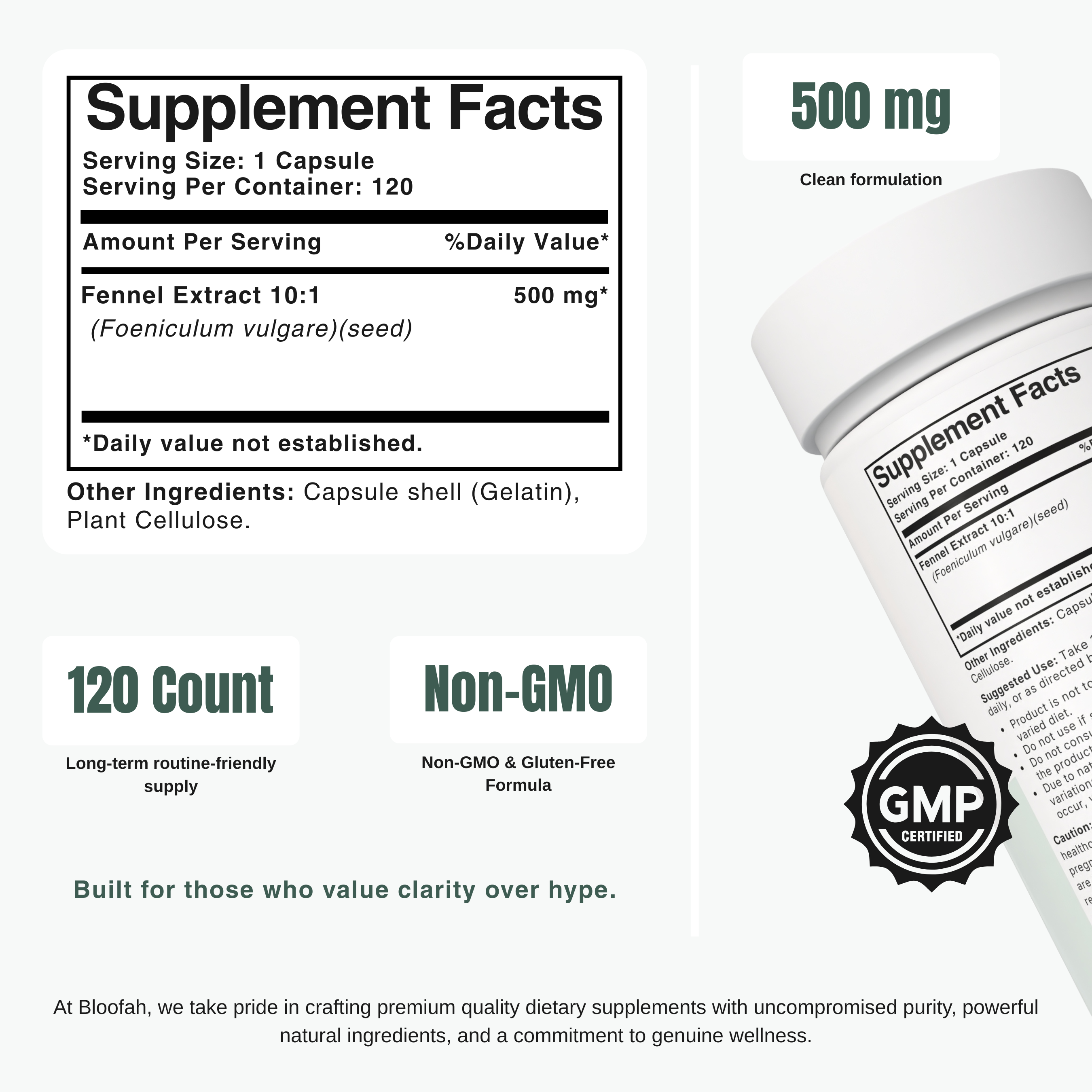 Bloofah FN Fennel Capsules 500mg | Foeniculum vulgare Seed Extract | 120 Capsules
