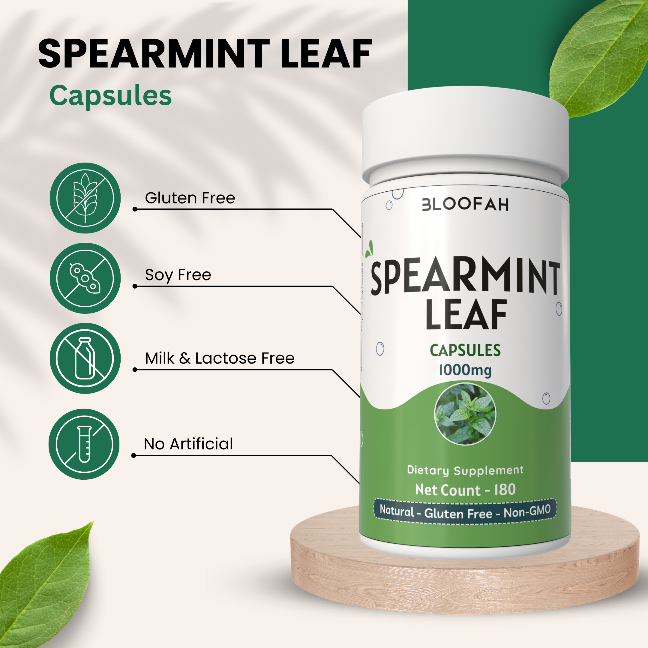 Bloofah Spearmint Leaf Supplement | Spearmint (Mentha spicata) Powder | 100% Pure, Natural, Gluten-Free Formula Herbal Supplements for Overall Wellness | 1000mg Per Serving