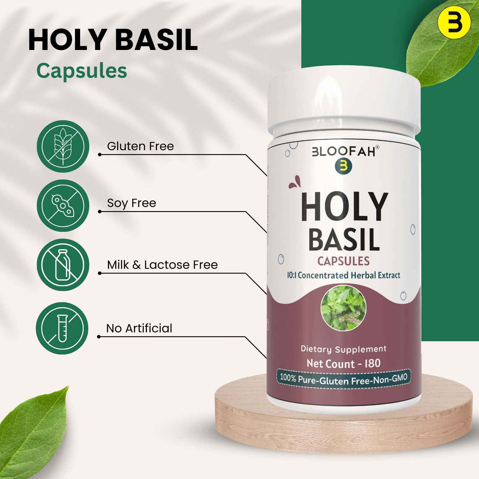 Bloofah Holy Basil Leaf Capsules 500mg - | Tulsi (Ocimum tenuiflorum) Extract 10:1 Leaf Powder | 100% Pure Natural Herbal Supplement | Non-GMO, Gluten Free Formula