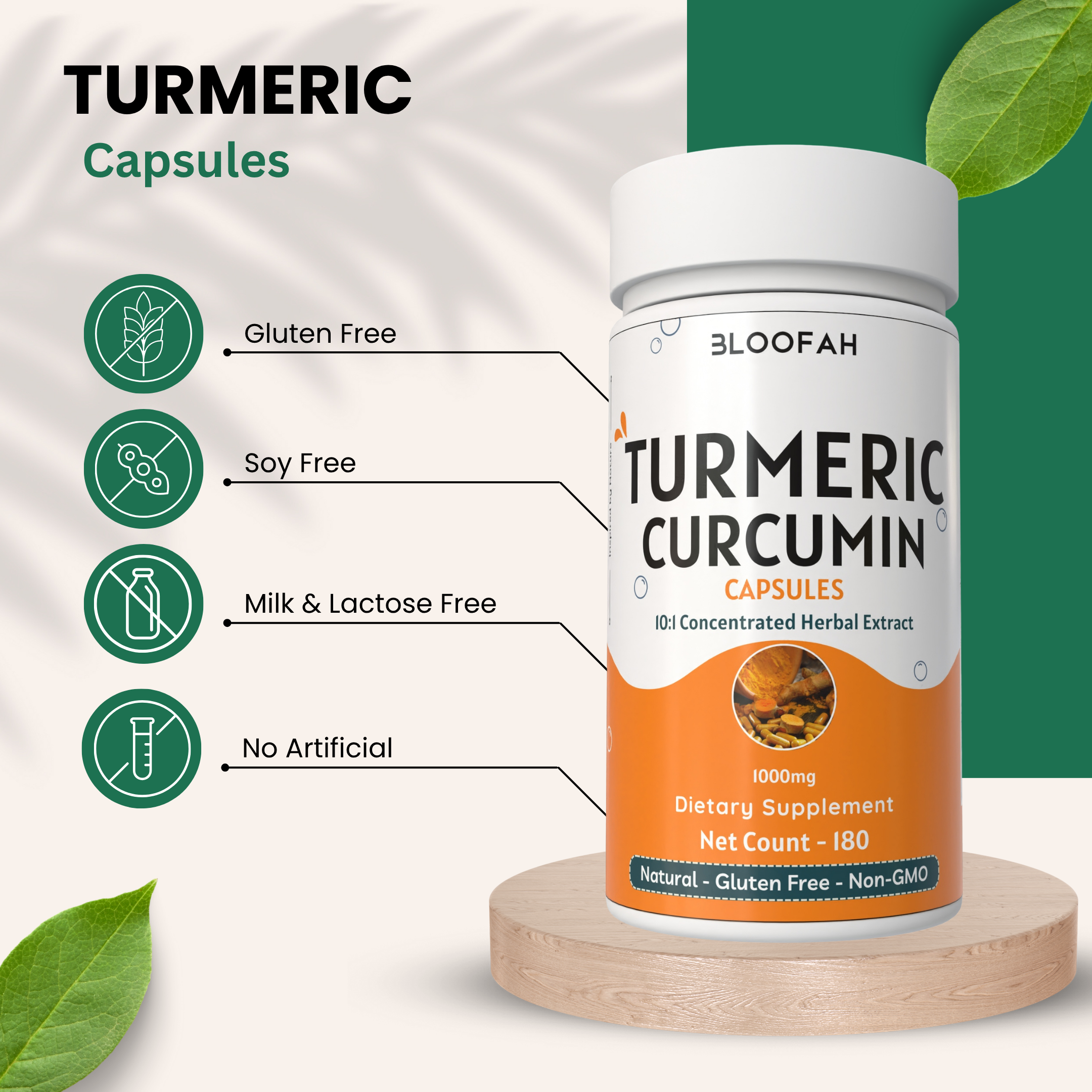 Bloofah Turmeric Curcumin Capsules 1000mg | Turmeric Powder (Cucurma Longa) Extract 10:1, Black Pepper 5% | 100% Pure, Natural, Gluten Free Formula Herbal Supplements for Overall Wellness - Non-GMO