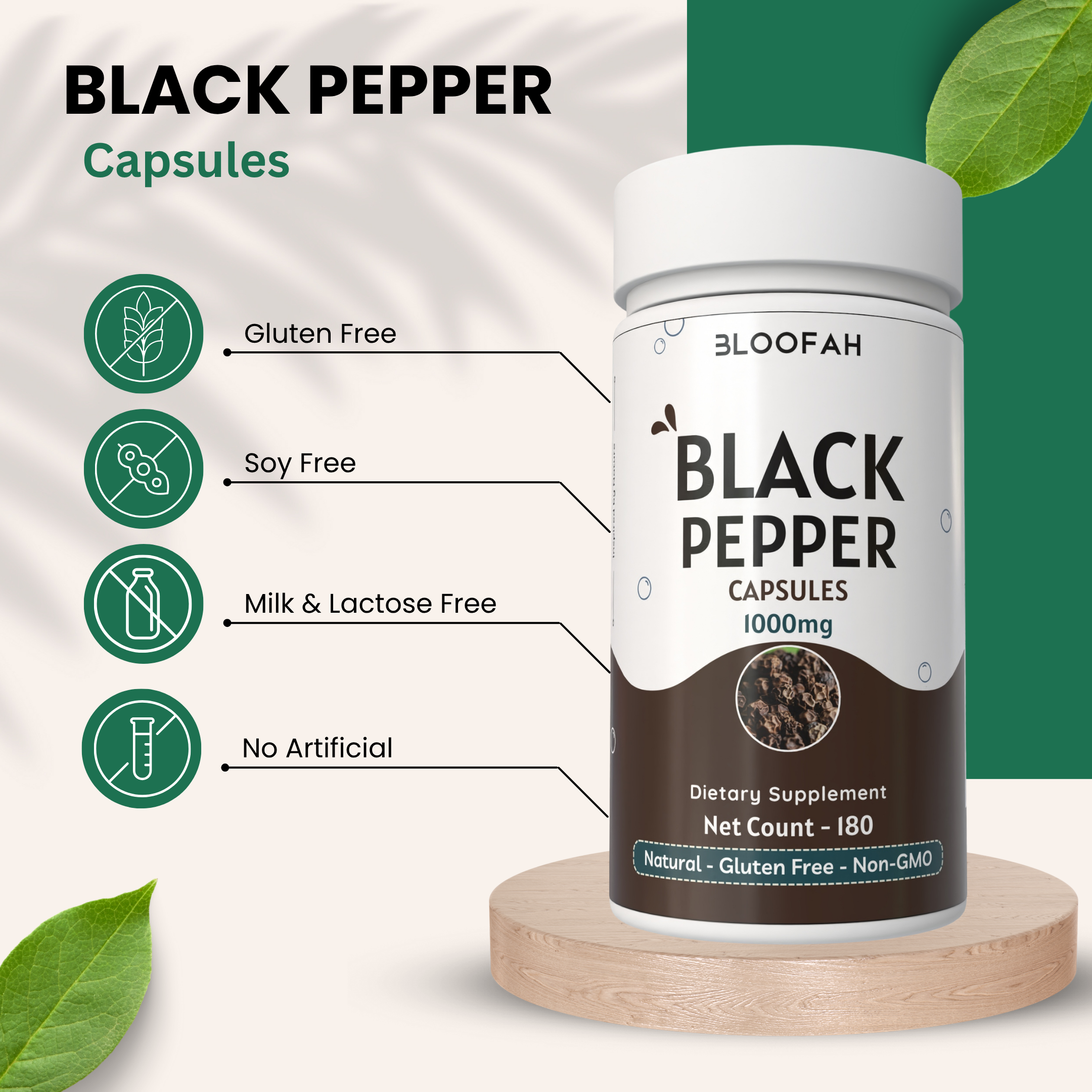 Bloofah Black Pepper Capsules 1000mg | Natural Bioperine (Piper nigrum) Seed Powder | 100% Pure, Non-GMO, Gluten Free Formula | Herbal Supplement