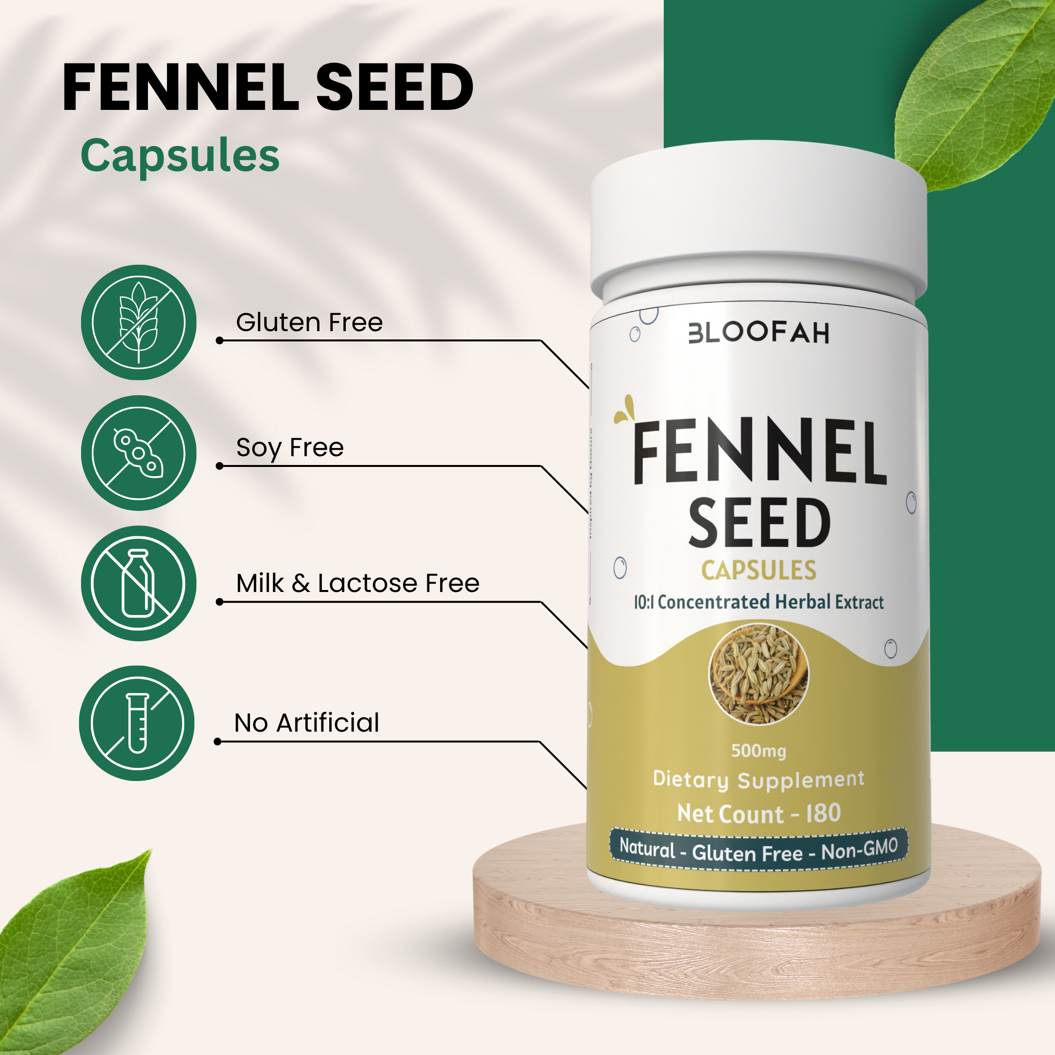 Bloofah Fennel Seed Capsules 500mg | 100% Pure Fennel Seed Extract 10:1 (Foeniculum vulgare) Powder | Non-GMO, Gluten Free Formula for Overall Health Supplement