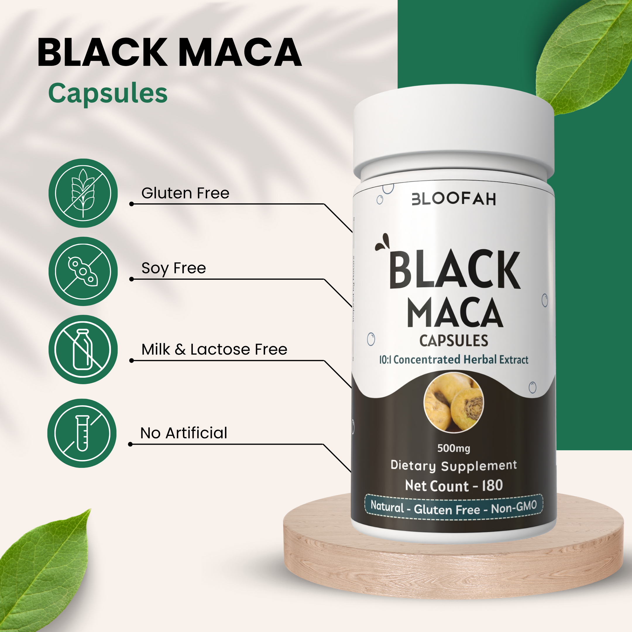 Bloofah Black Maca Capsules 500mg | Natural Black Maca (Lepidium meyenii Walpers) Root Extract 10:1 Powder | 100% Natural Herbal Supplement | Non-GMO, Gluten Free
