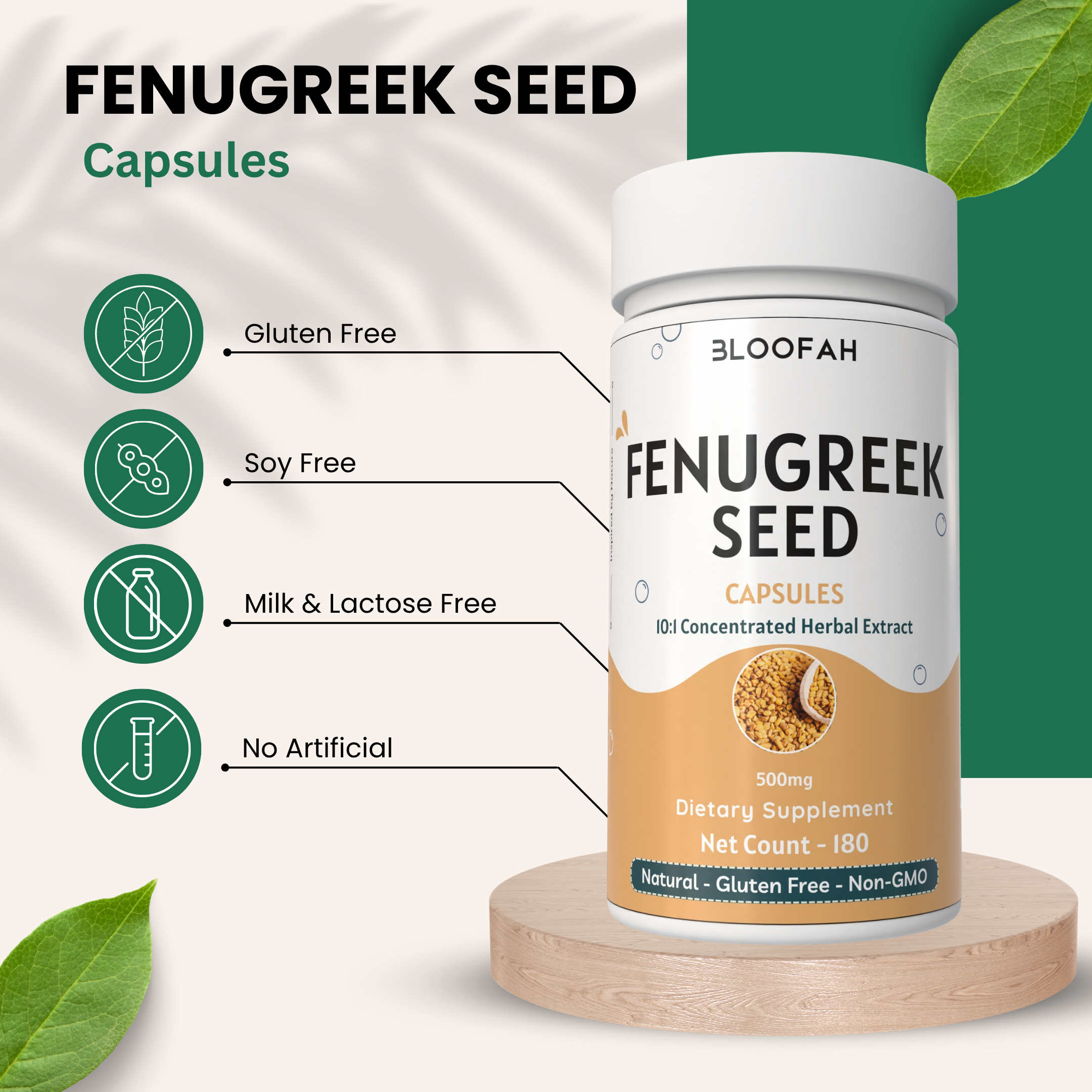 Bloofah Fenugreek Seed Capsules 500mg | 100% Natural Fenugreek Seed Extract 10:1 (Trigonella foenum-graecum) Herbal Supplement for Overall Health Well-Being | Non-GMO, Gluten Free