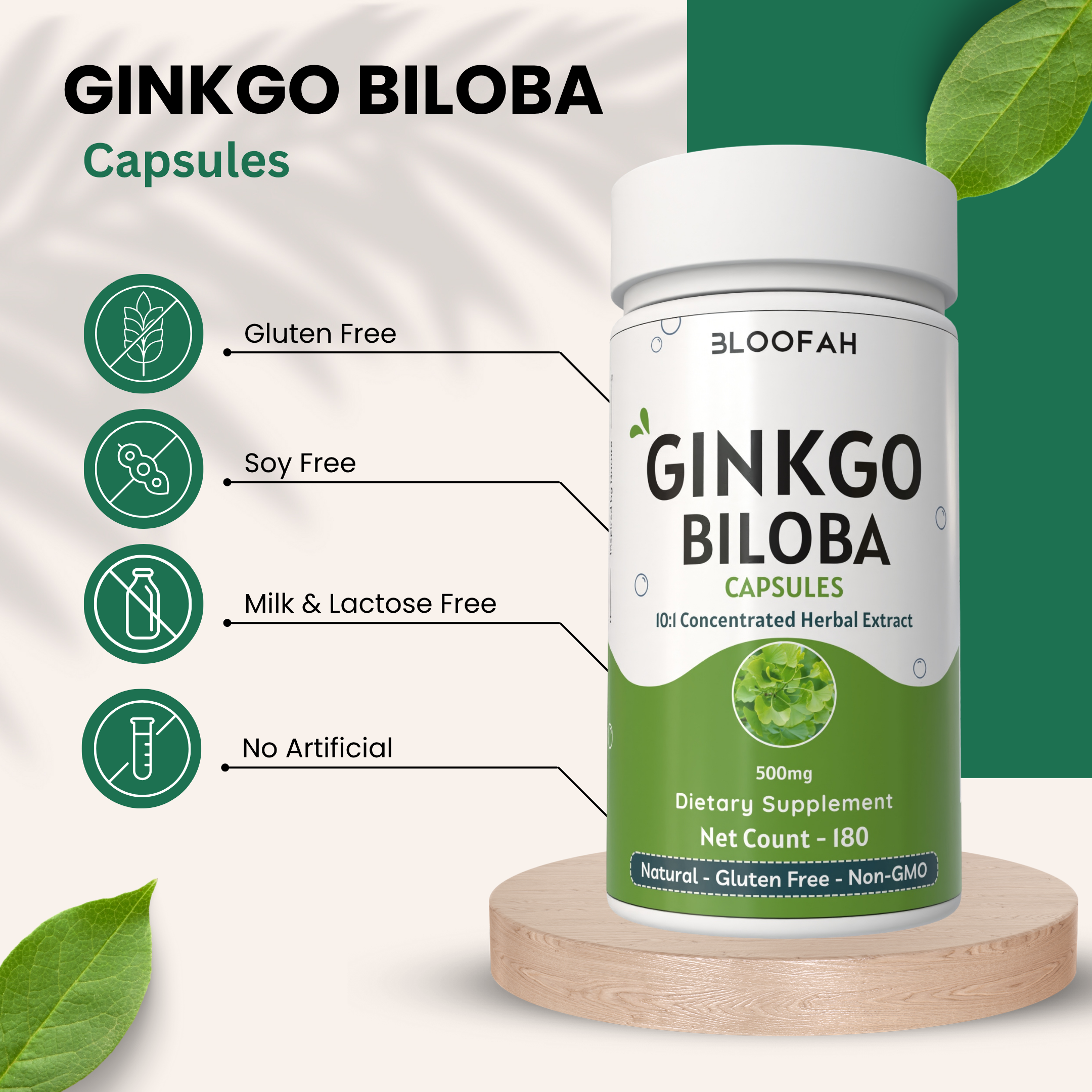 Bloofah Ginkgo Biloba Leaf Capsules 2300mg | 100% Pure Ginkgo Biloba Leaf Extract 10:1 & Powder | Non-GMO, Gluten Free Formula Health Supplement for Overall Wellbeing
