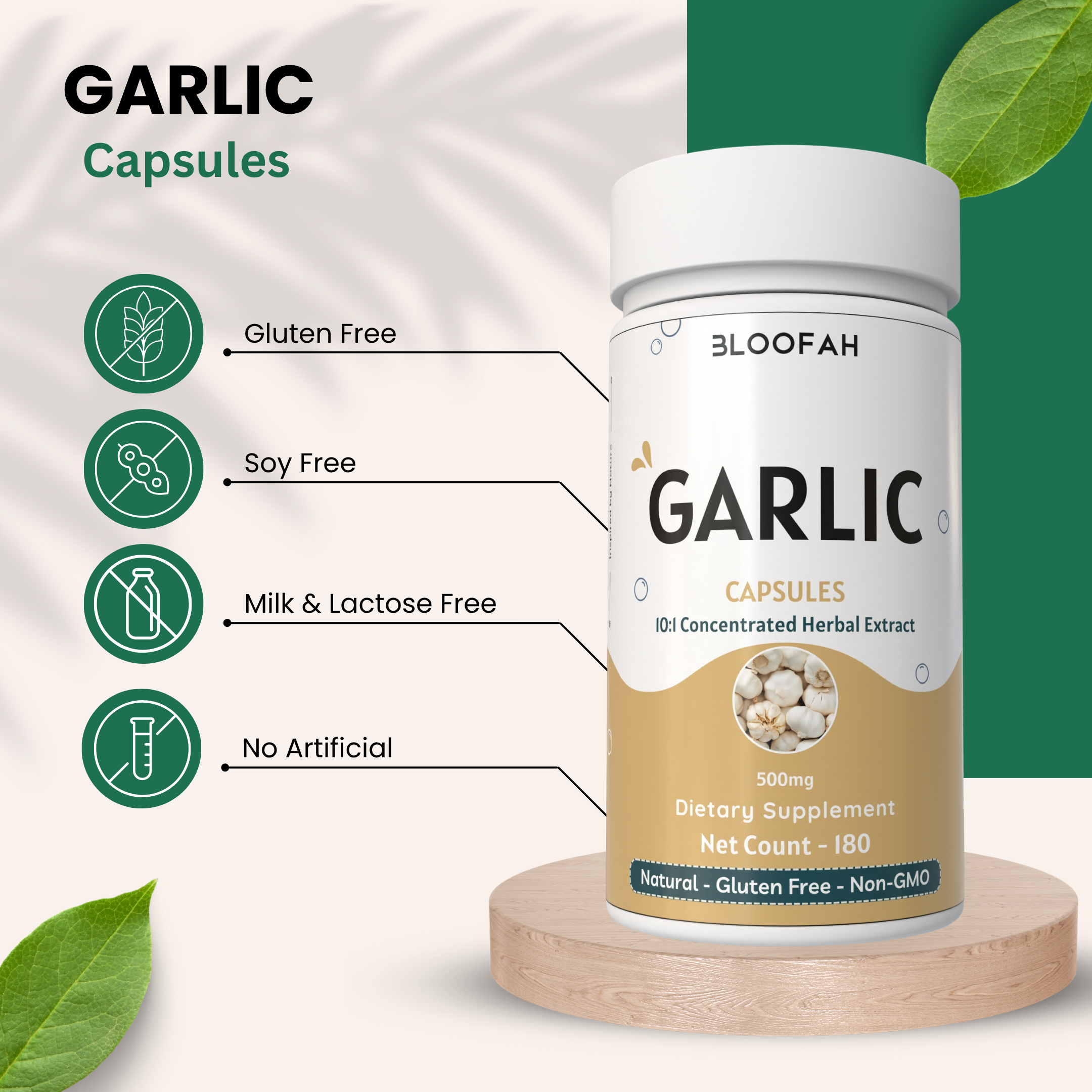 Bloofah Garlic Extract Capsules 500mg | 100% Pure Garlic (Allium sativum) Powder | Herbal Supplement for Health and Wellness | Natural, Gluten Free, Non-GMO Formula 5000mg Per Serving