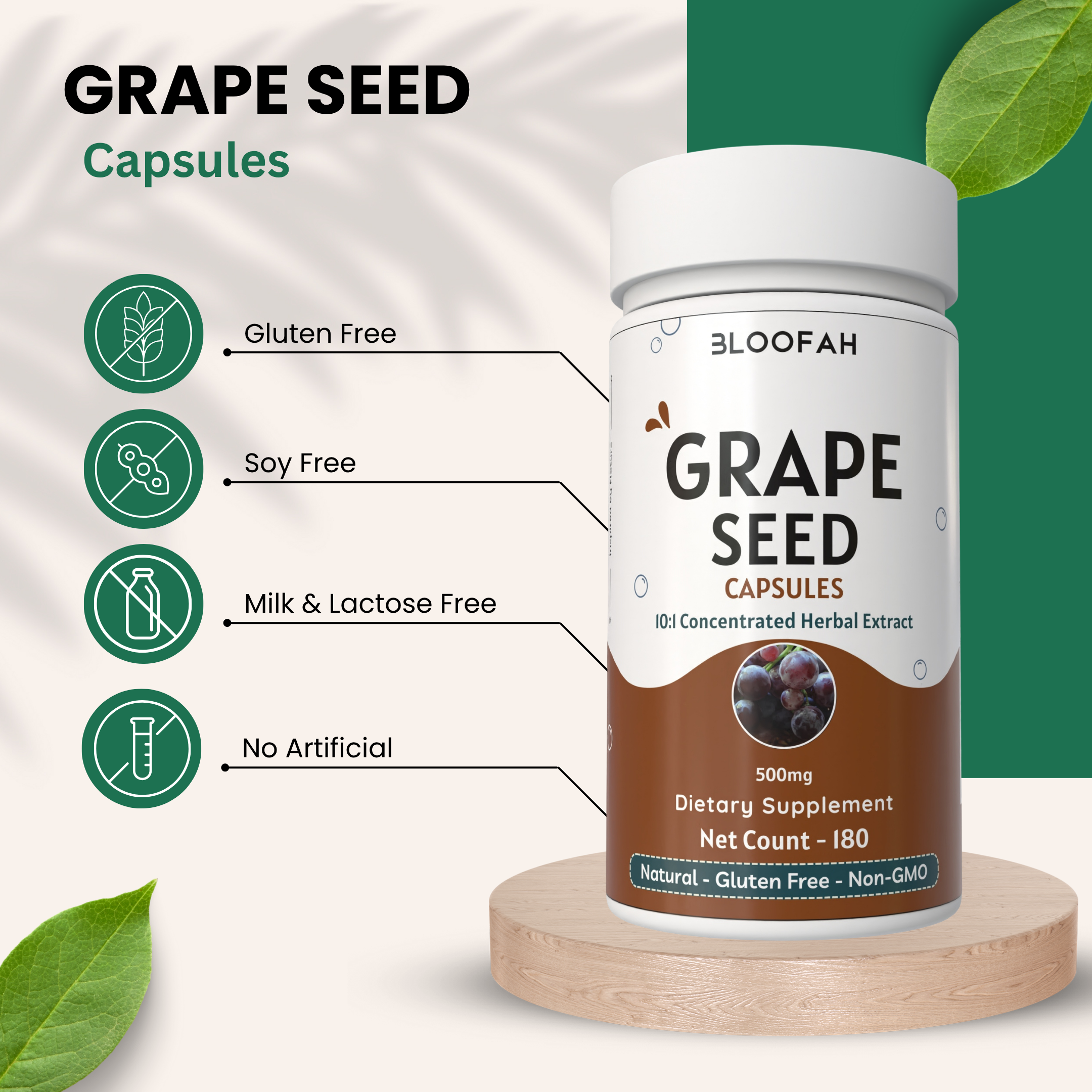 Bloofah Grape Seed Capsules 500mg | Extra Strength 10:1 Extract Powder Eq. to 5000mg (Vitis vinifera) Natural Herbal Supplement, Non-GMO, Gluten-Free