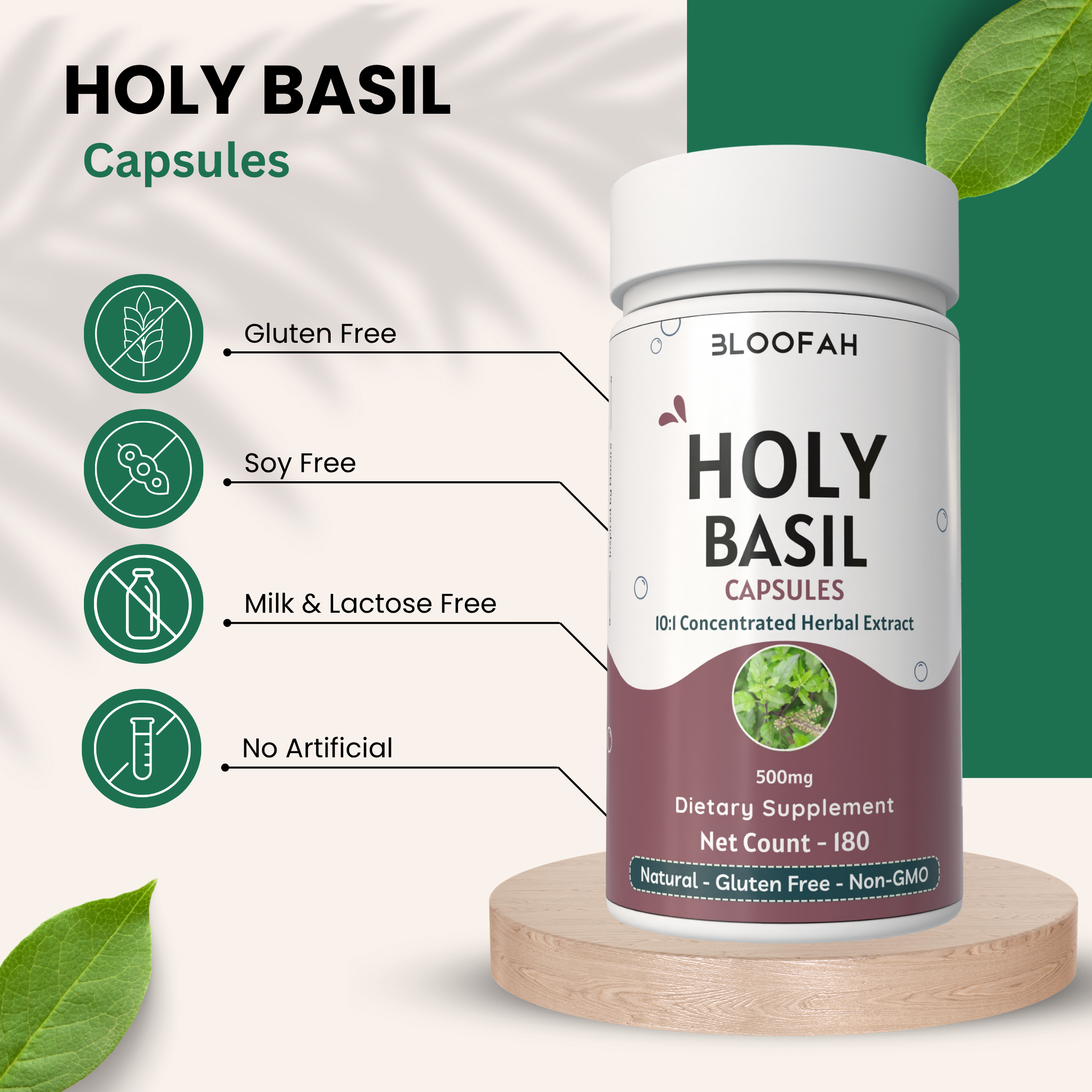 Bloofah Holy Basil Leaf Capsules 500mg - | Tulsi (Ocimum tenuiflorum) Extract 10:1 Leaf Powder | 100% Pure Natural Herbal Supplement | Non-GMO, Gluten Free Formula