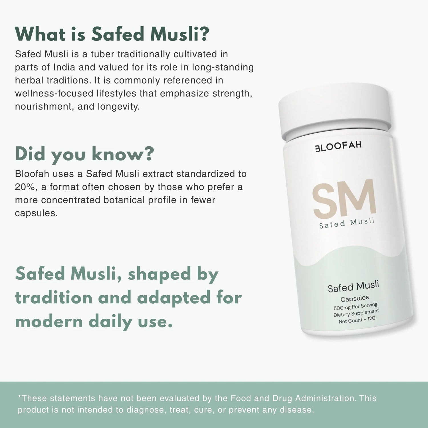 Bloofah SM Safed Musli Capsules 500mg | Chlorophytum borivilianum Root Extract | 120 Capsules