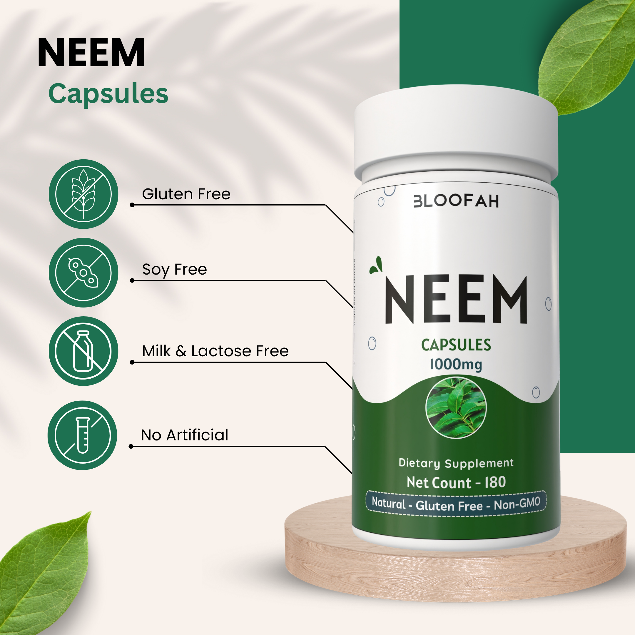 Bloofah Neem Leaf Powder Capsules 1000mg (Azadirachta Indica) Herbal Supplement for Natural Wellness, Non-GMO, Gluten-Free, 100% Pure Neem Leaf Powder For Overall Health