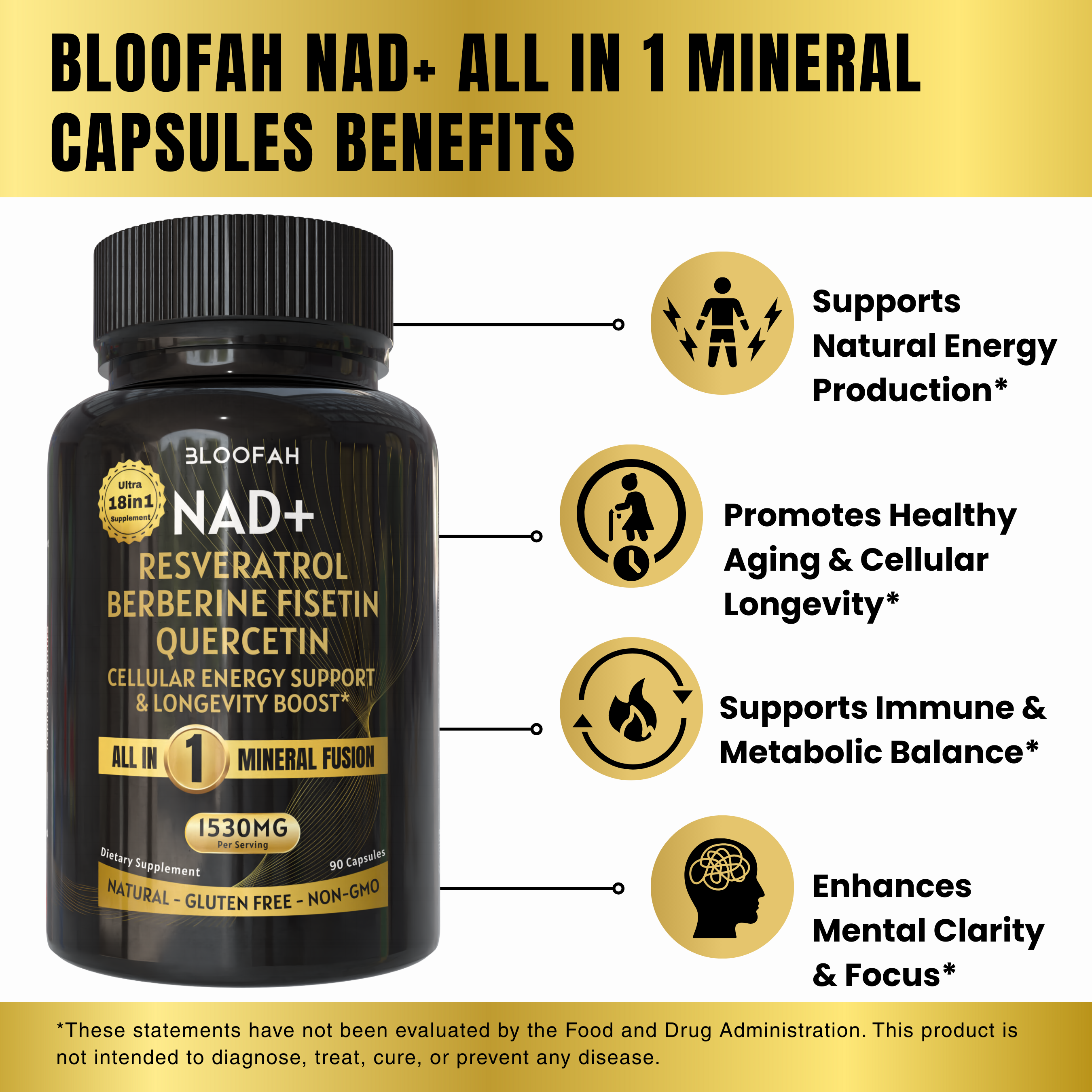 Bloofah NAD+ Capsules 1530mg | Nicotinamide Riboside with Resveratrol & 18-in-1 Herbal Blend | Cellular Energy & Healthy Aging Support (90 Vegan Capsules)