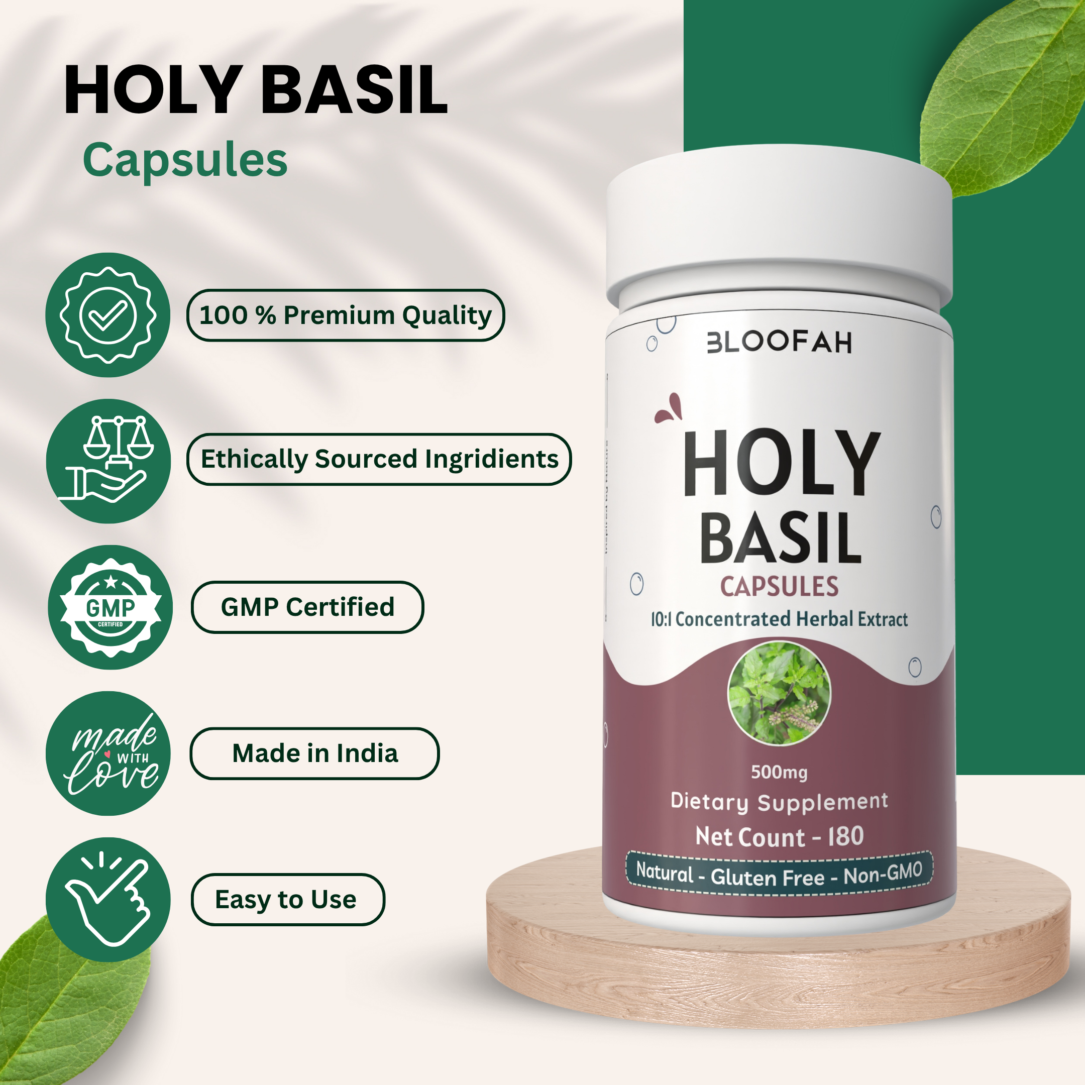 Bloofah Holy Basil Leaf Capsules 500mg - | Tulsi (Ocimum tenuiflorum) Extract 10:1 Leaf Powder | 100% Pure Natural Herbal Supplement | Non-GMO, Gluten Free Formula