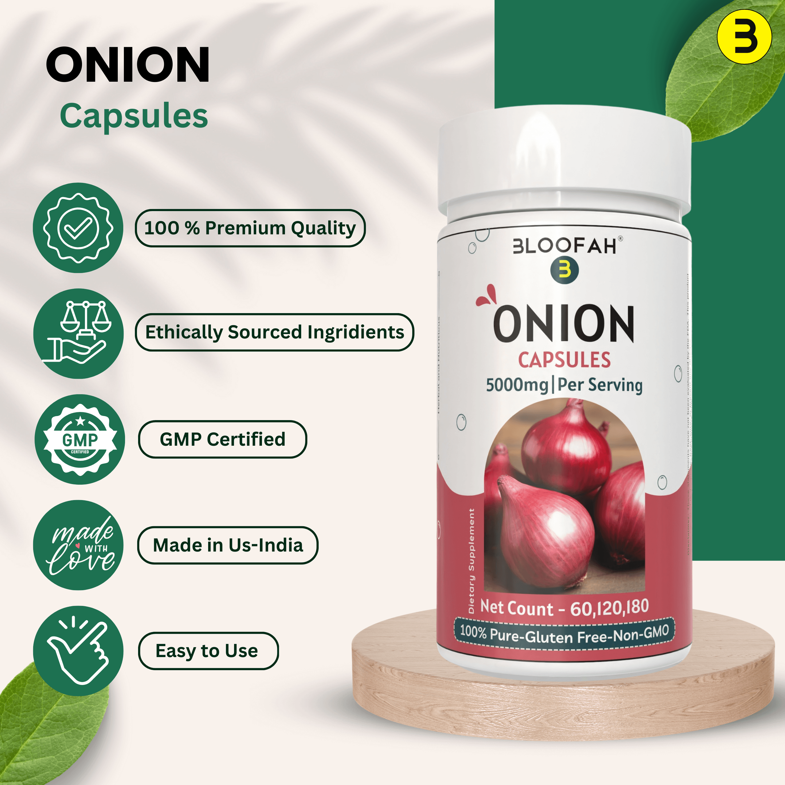 Bloofah Onion Extract Capsules 500mg | Whole Bulb Onion Per Serving 5000mg (Allium cepa) Capsules Potent Extra Strength 10:1 | Natural Health Supplement | Non-GMO, Gluten Free Formula - Bloofah