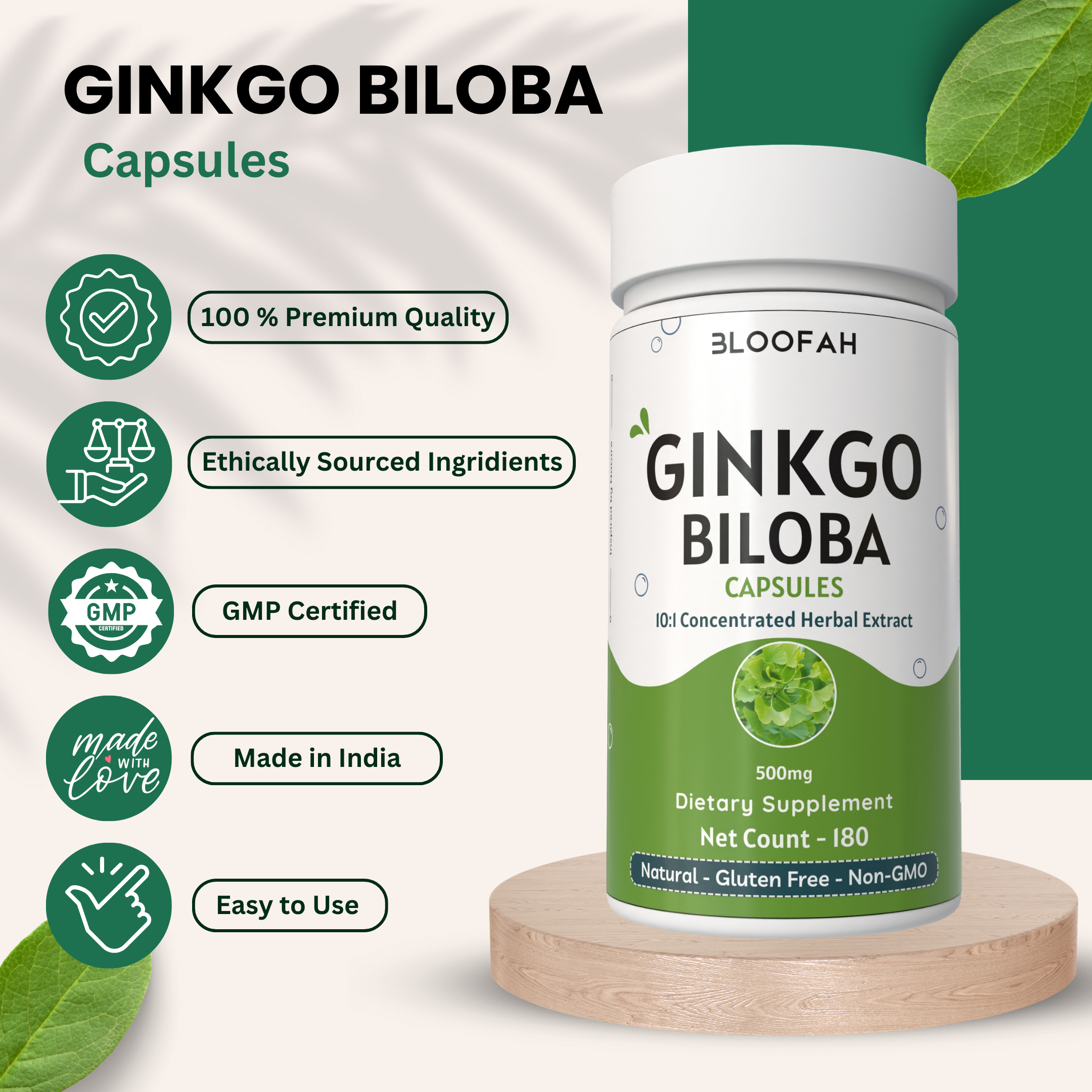 Bloofah Ginkgo Biloba Leaf Capsules 2300mg | 100% Pure Ginkgo Biloba Leaf Extract 10:1 & Powder | Non-GMO, Gluten Free Formula Health Supplement for Overall Wellbeing