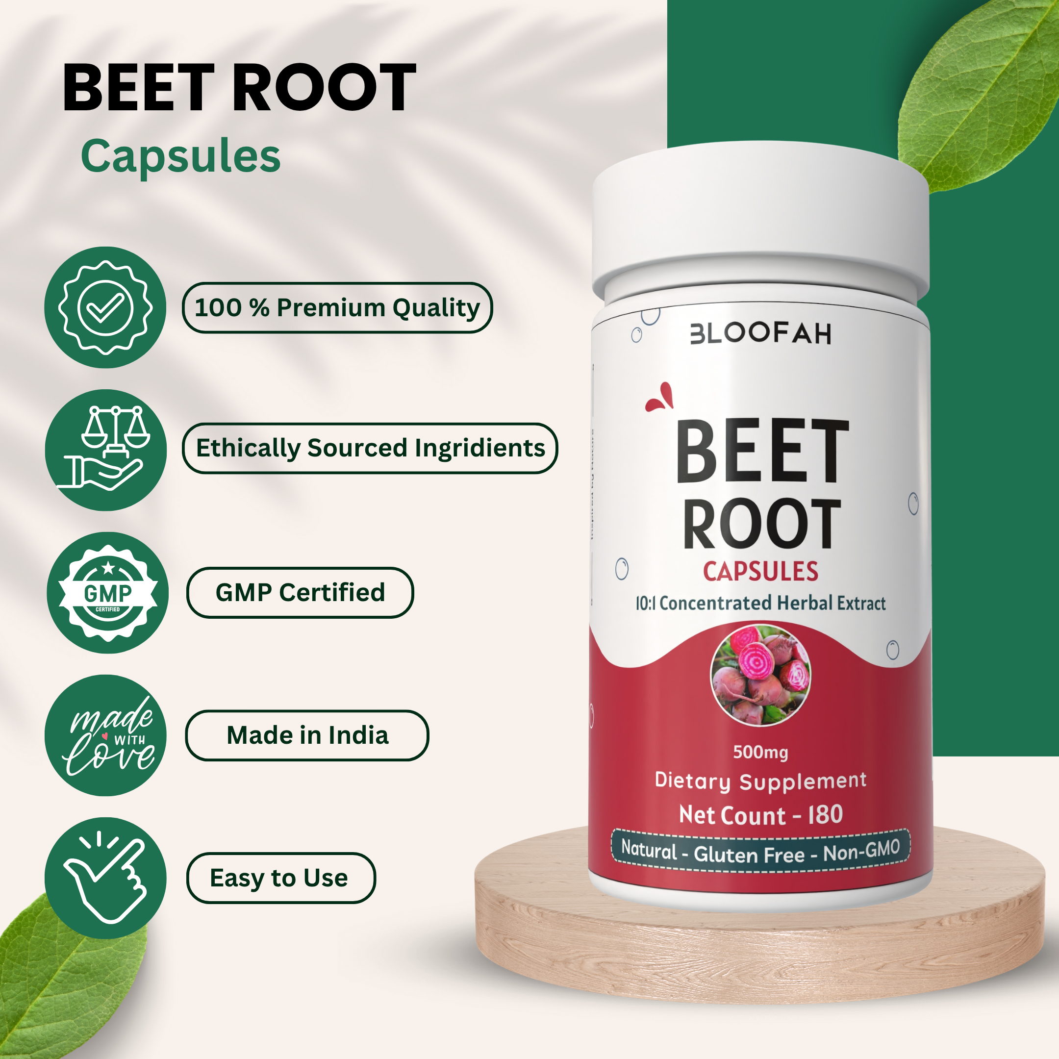 Bloofah Beet Root Extract Capsules 500mg | Premium Herbal Supplement, Non-GMO, Gluten-Free, Natural Beet Root Extract 10:1 Powder (Beta vulgaris) for Overall Health