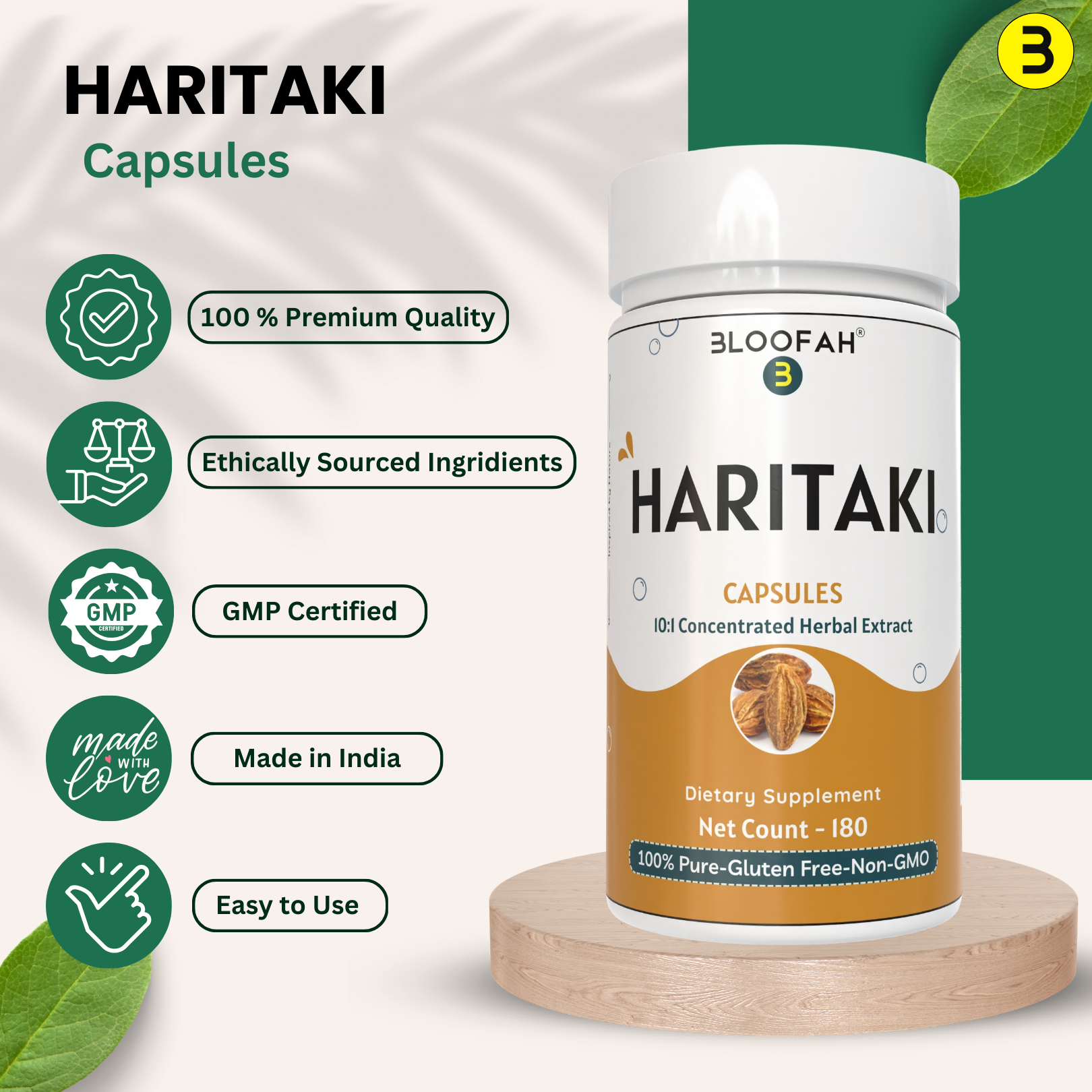 Bloofah Haritaki Capsules 500mg | Natural Digestive Health Supplement | 100% Pure Haritaki (Terminalia chebula) Fruit Extract 10:1 Powder | Non-GMO, Gluten Free Formula Herbal Supplement
