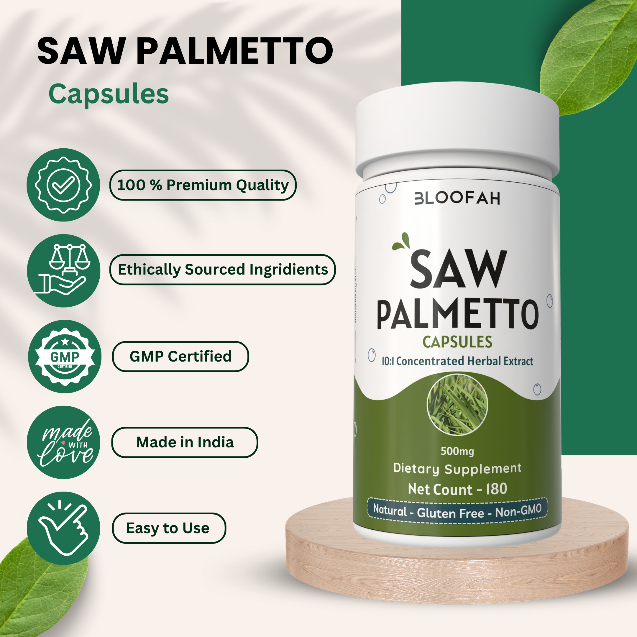 Bloofah Saw Palmetto Extract Capsules 500mg - Natural Prostate Health Support Supplement | Non-GMO and Gluten Free Formula Extra Strength Saw Palmetto Berry Powder (Serenoa repens)
