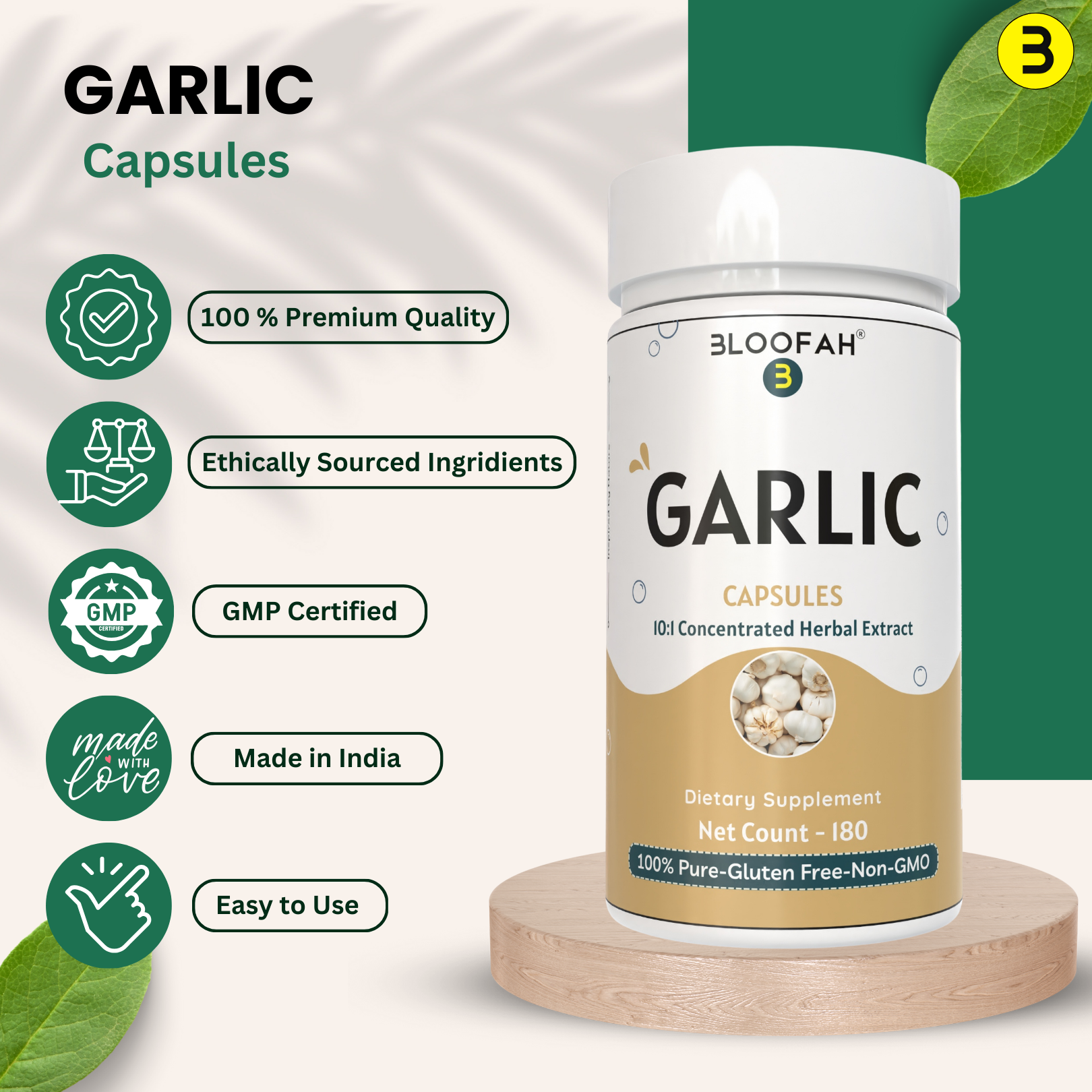 Bloofah Garlic Extract Capsules 500mg | 100% Pure Garlic (Allium sativum) Powder | Herbal Supplement for Health and Wellness | Natural, Gluten Free, Non-GMO Formula 5000mg Per Serving