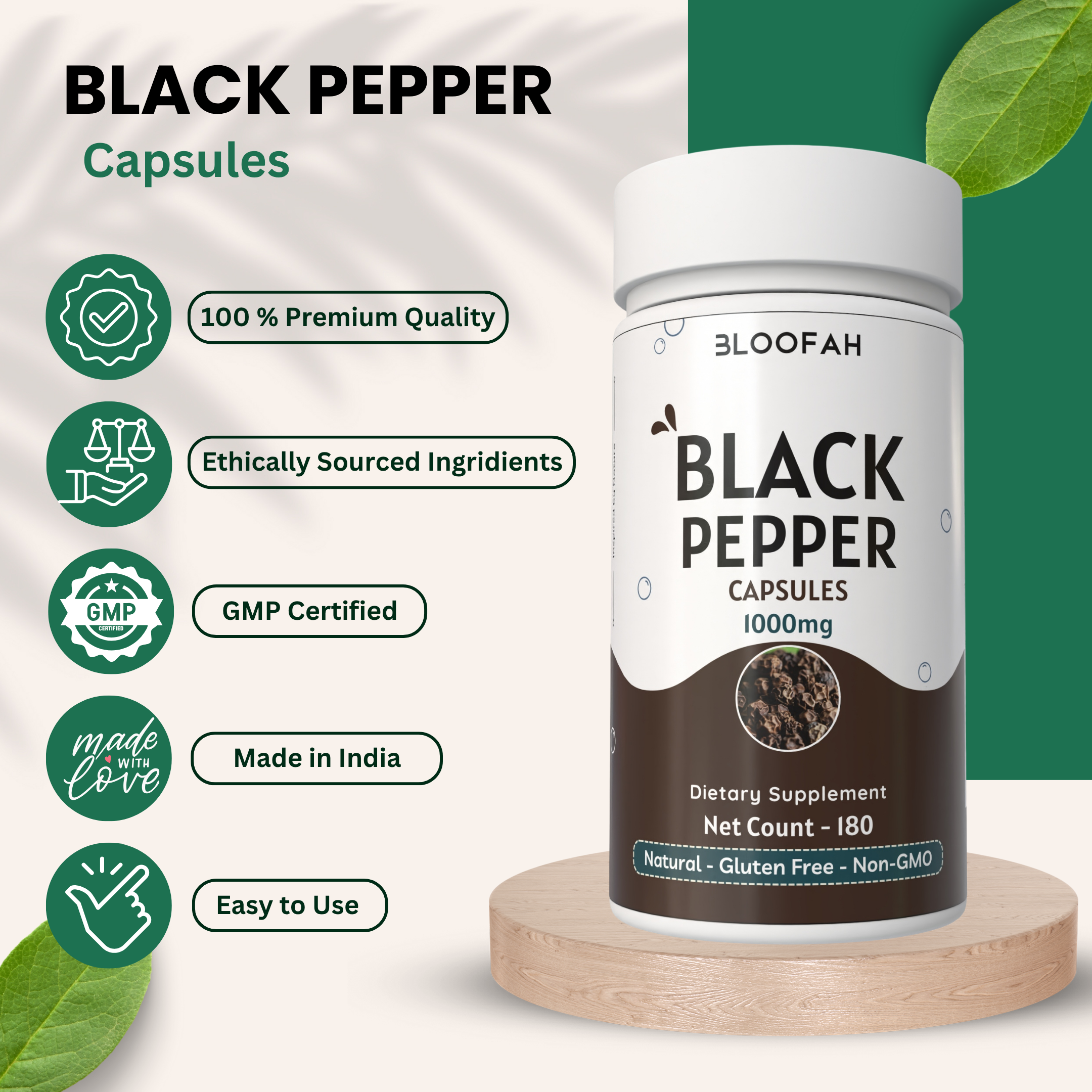 Bloofah Black Pepper Capsules 1000mg | Natural Bioperine (Piper nigrum) Seed Powder | 100% Pure, Non-GMO, Gluten Free Formula | Herbal Supplement