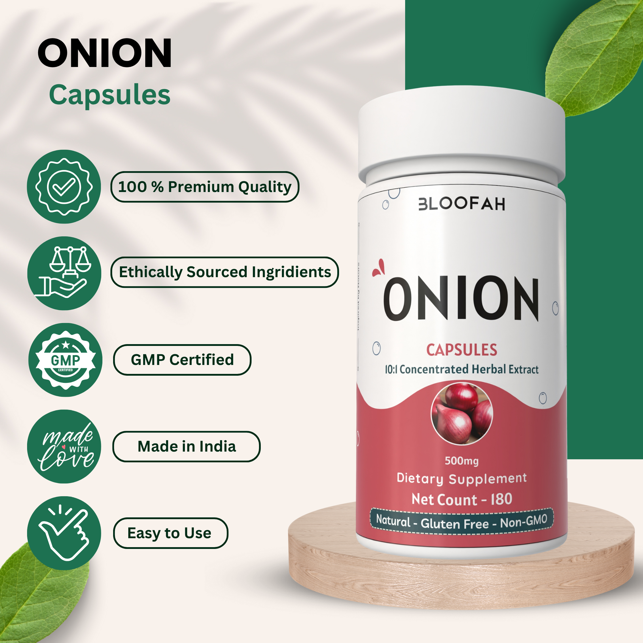 Bloofah Onion Extract Capsules 500mg | Whole Bulb Onion Eq. to 5000mg (Allium cepa) Capsules Potent Extra Strength 10:1 | Natural Health Supplement | Non-GMO, Gluten Free Formula