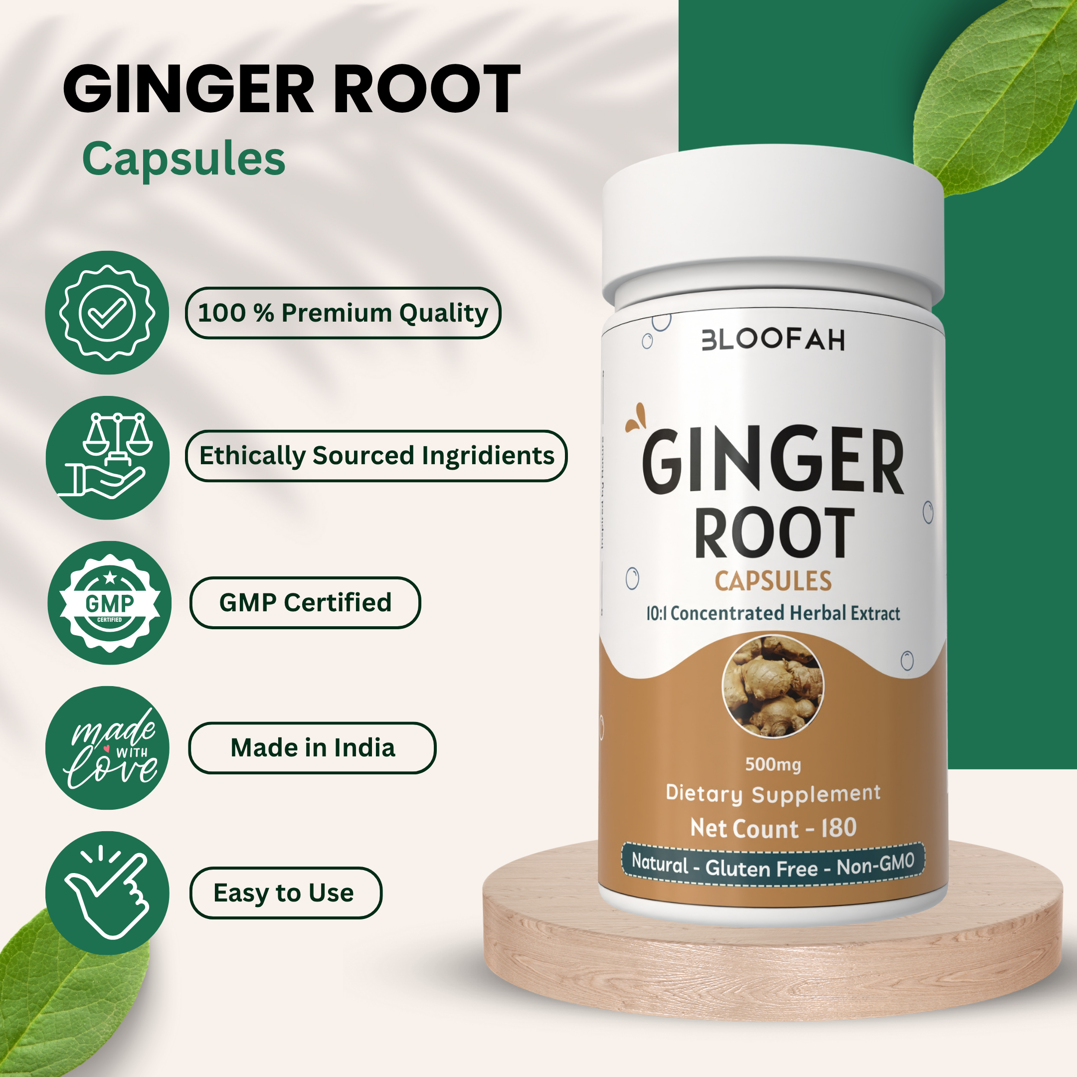 Bloofah Ginger Root Capsules 500mg | Non-GMO, Gluten Free Formula | 100% Pure Ginger (Zingiber officinale) Root Extract 10:1 Powder Herbal Supplement for Overall Health
