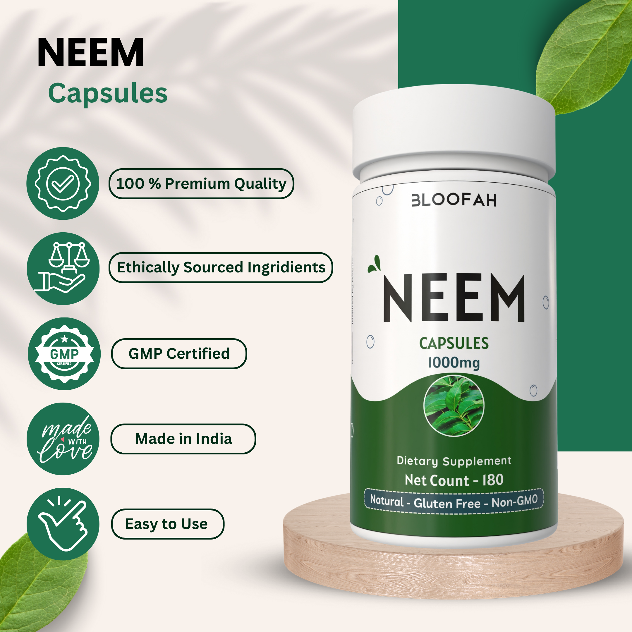 Bloofah Neem Leaf Powder Capsules 1000mg (Azadirachta Indica) Herbal Supplement for Natural Wellness, Non-GMO, Gluten-Free, 100% Pure Neem Leaf Powder For Overall Health