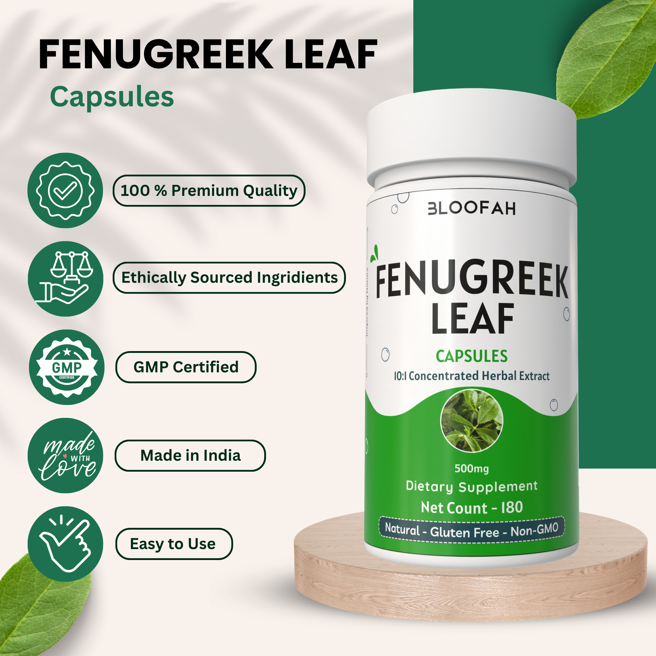 Bloofah Fenugreek Leaf Extract Capsules 500mg | 100% Pure Fenugreek Leaf Powder (Trigonella foenum-graecum) for Overall Good Health | Extra Strength Eq. to 5000mg