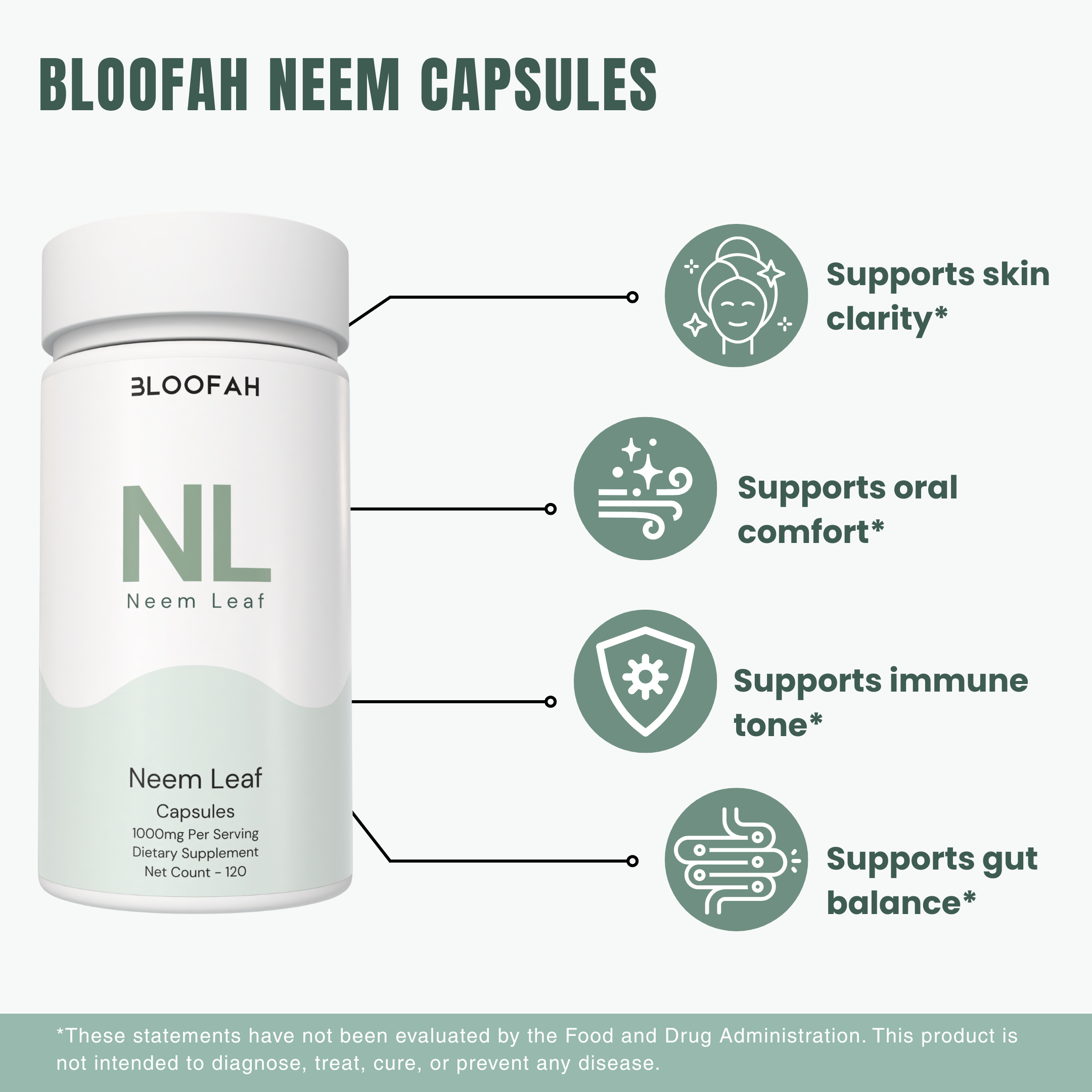 Bloofah NL – Neem Capsules 1000mg | Skin & Internal Balance Support (120 Capsules)