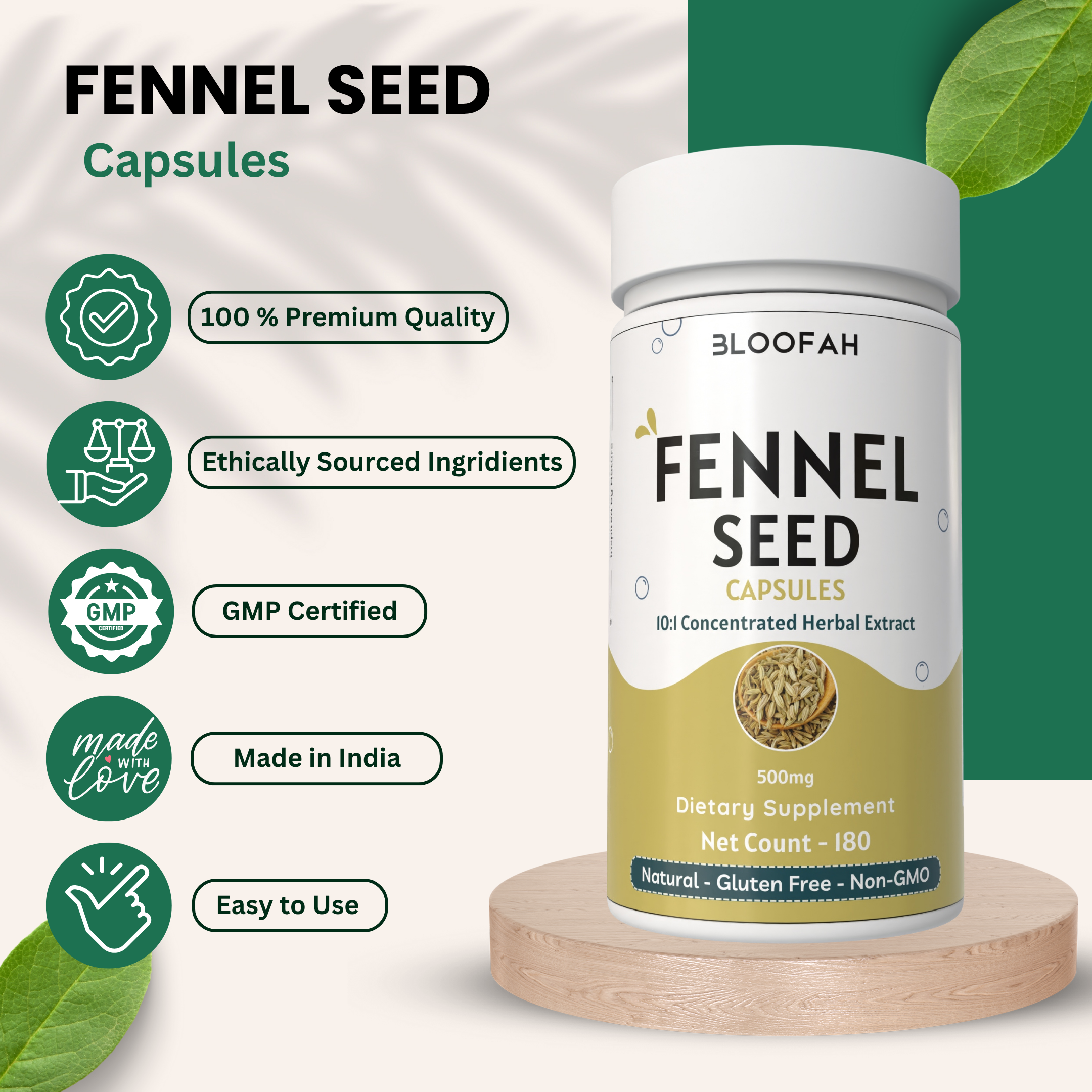 Bloofah Fennel Seed Capsules 500mg | 100% Pure Fennel Seed Extract 10:1 (Foeniculum vulgare) Powder | Non-GMO, Gluten Free Formula for Overall Health Supplement