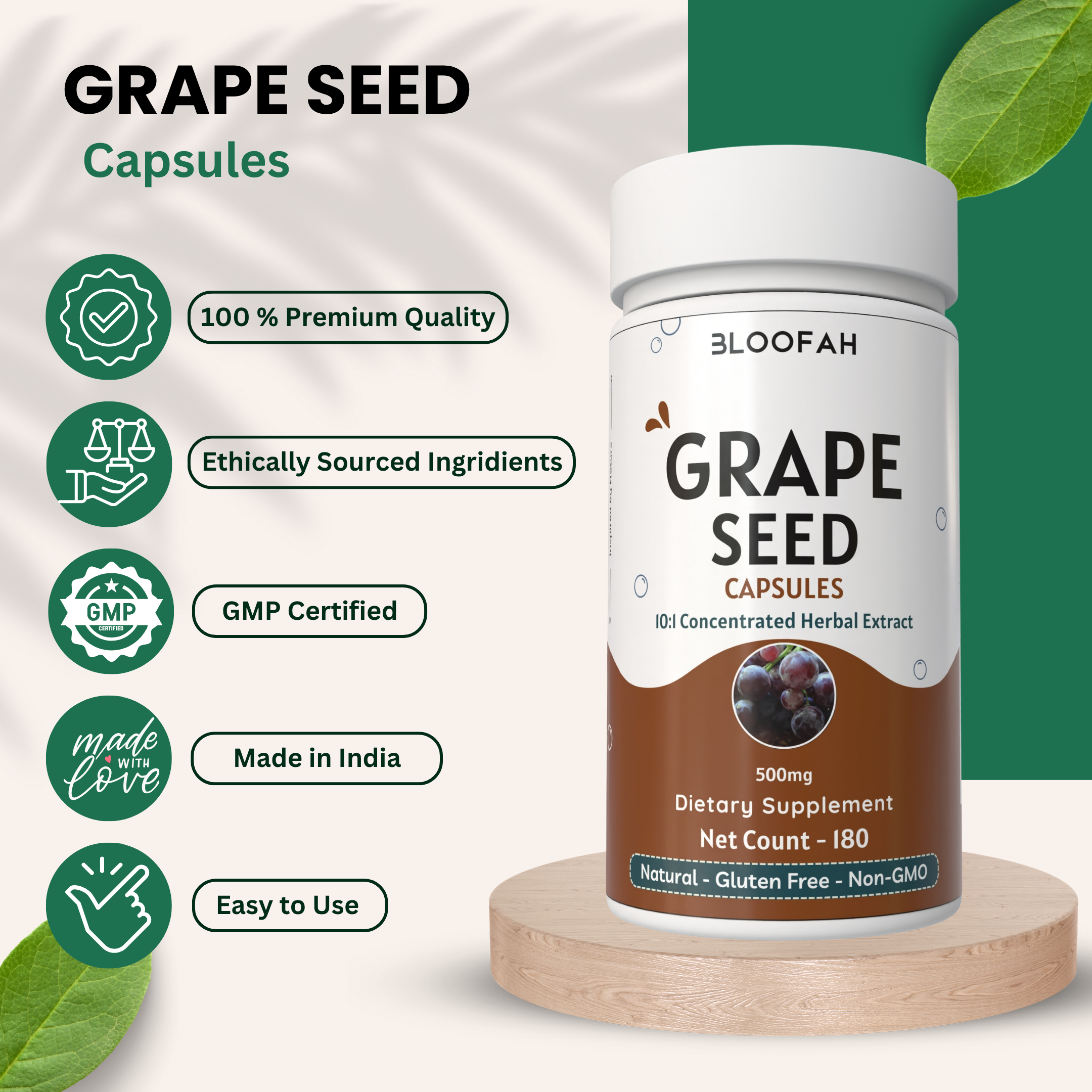 Bloofah Grape Seed Capsules 500mg | Extra Strength 10:1 Extract Powder Eq. to 5000mg (Vitis vinifera) Natural Herbal Supplement, Non-GMO, Gluten-Free