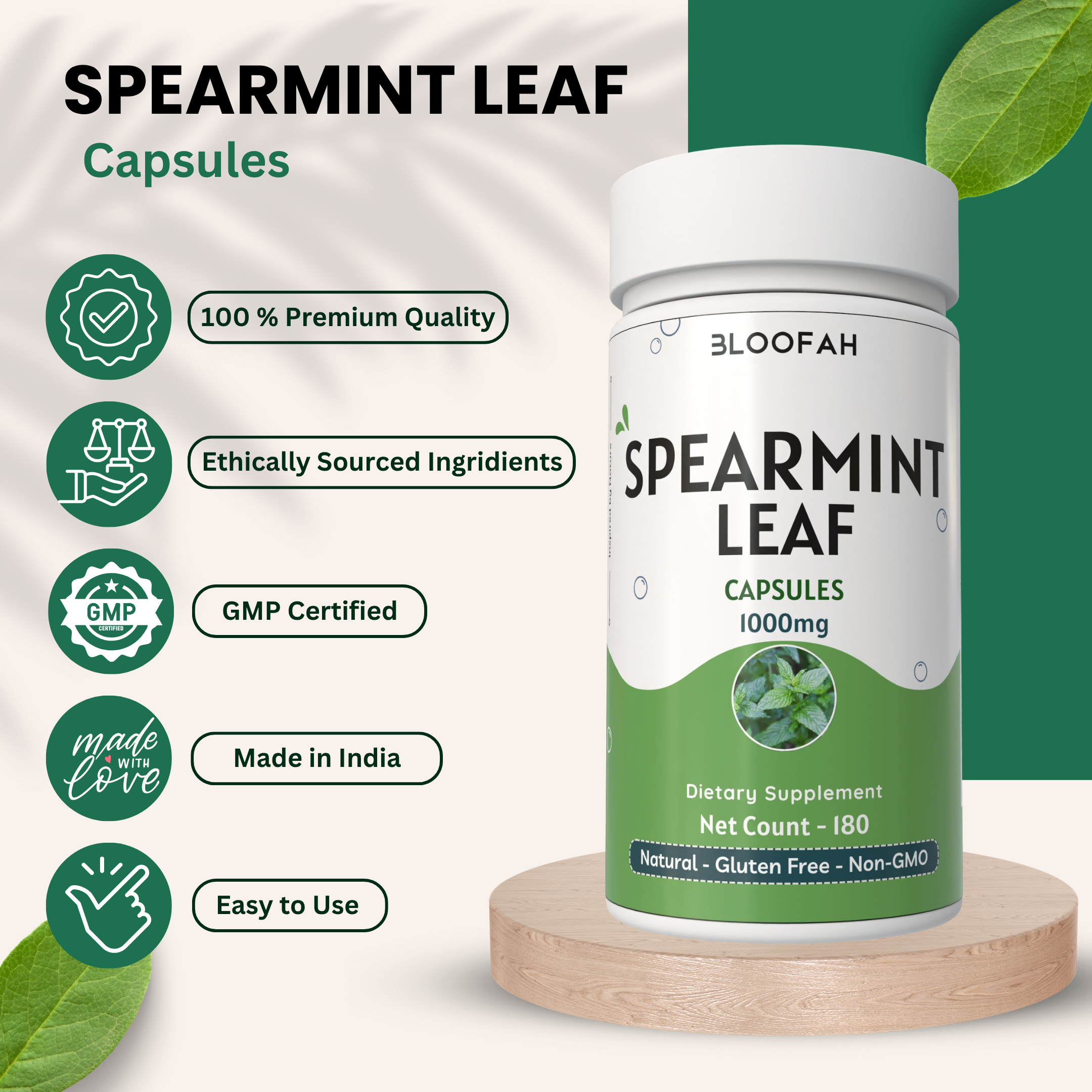 Bloofah Spearmint Leaf Supplement | Spearmint (Mentha spicata) Powder | 100% Pure, Natural, Gluten-Free Formula Herbal Supplements for Overall Wellness | 1000mg Per Serving