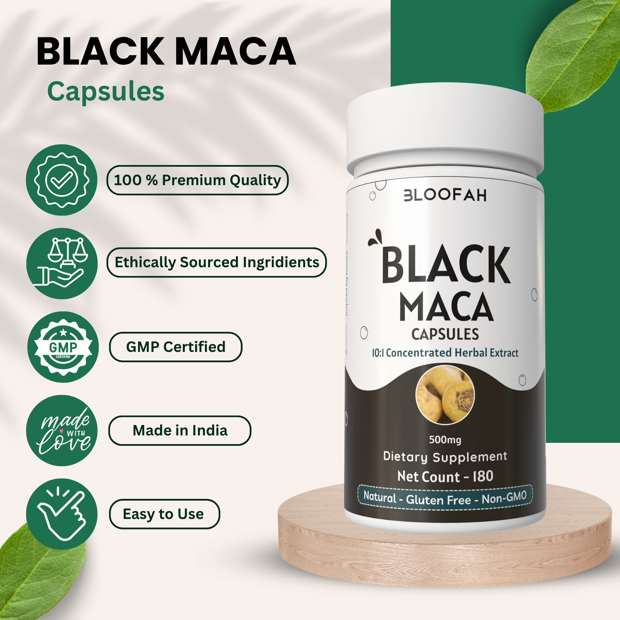 Bloofah Black Maca Capsules 500mg | Natural Black Maca (Lepidium meyenii Walpers) Root Extract 10:1 Powder | 100% Natural Herbal Supplement | Non-GMO, Gluten Free